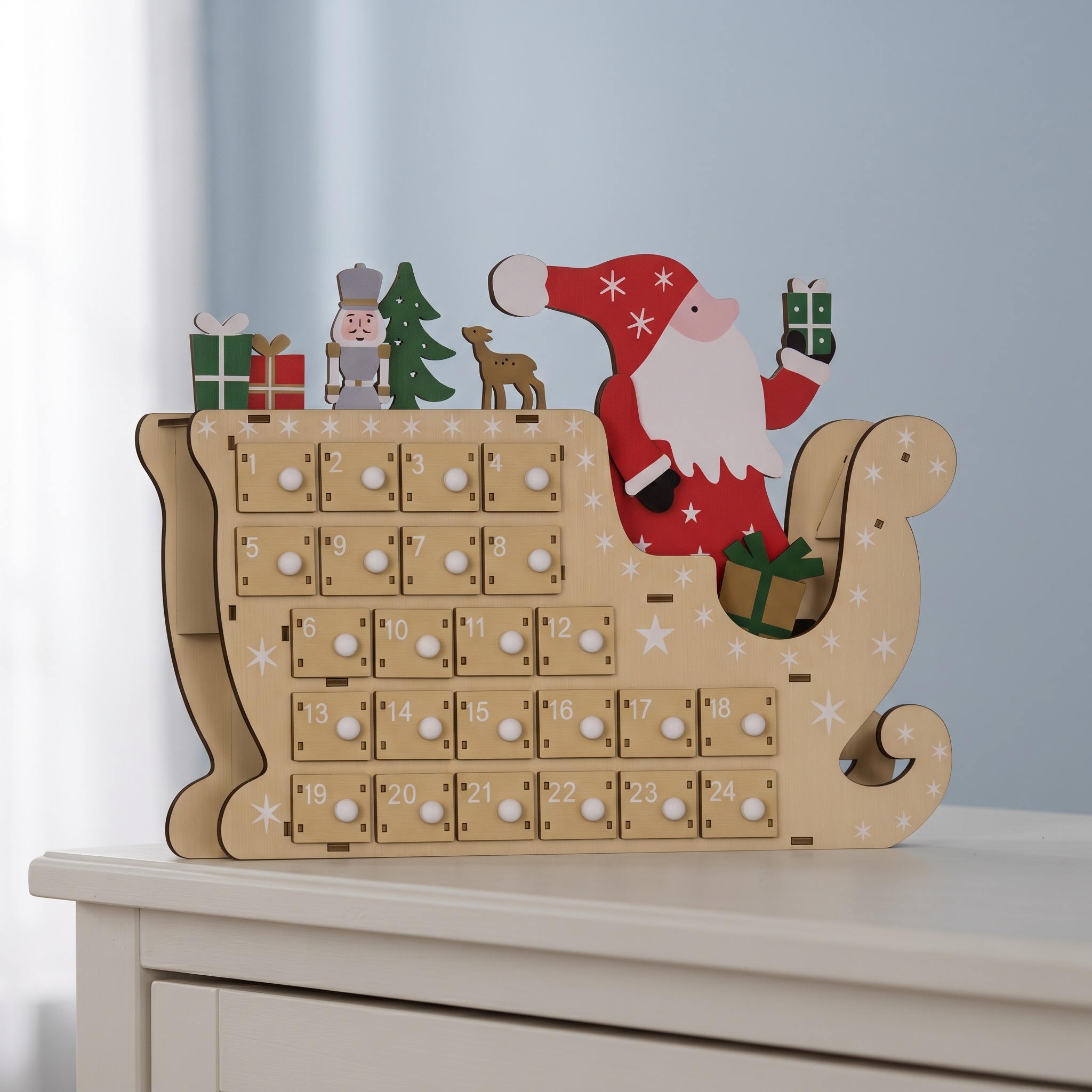 24-Drawer Wooden Advent Calendar with Santa Sleigh, photo 2 of 5