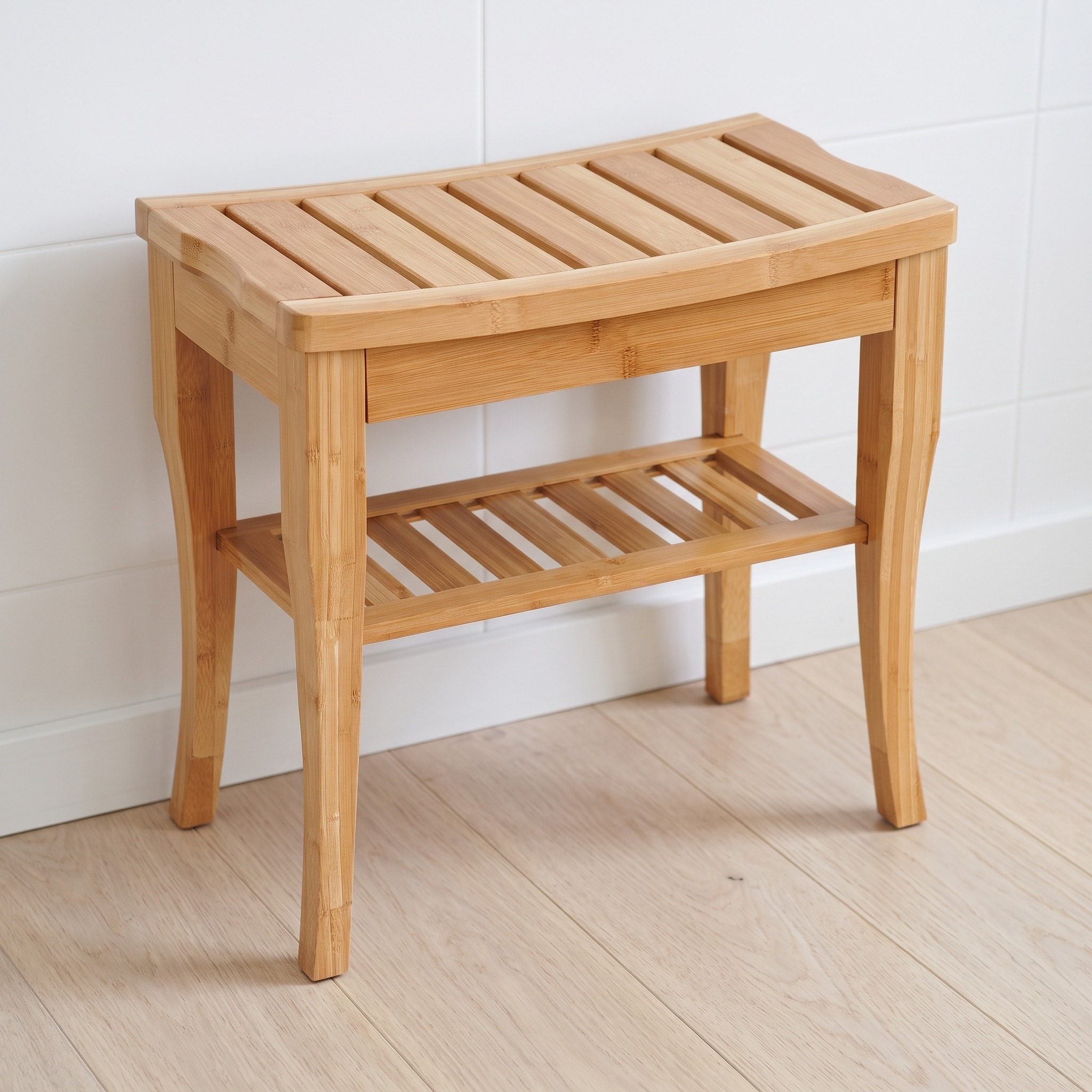 Bamboo Shower Bench with Lower Shelf, Natural Wood, photo 2 of 5