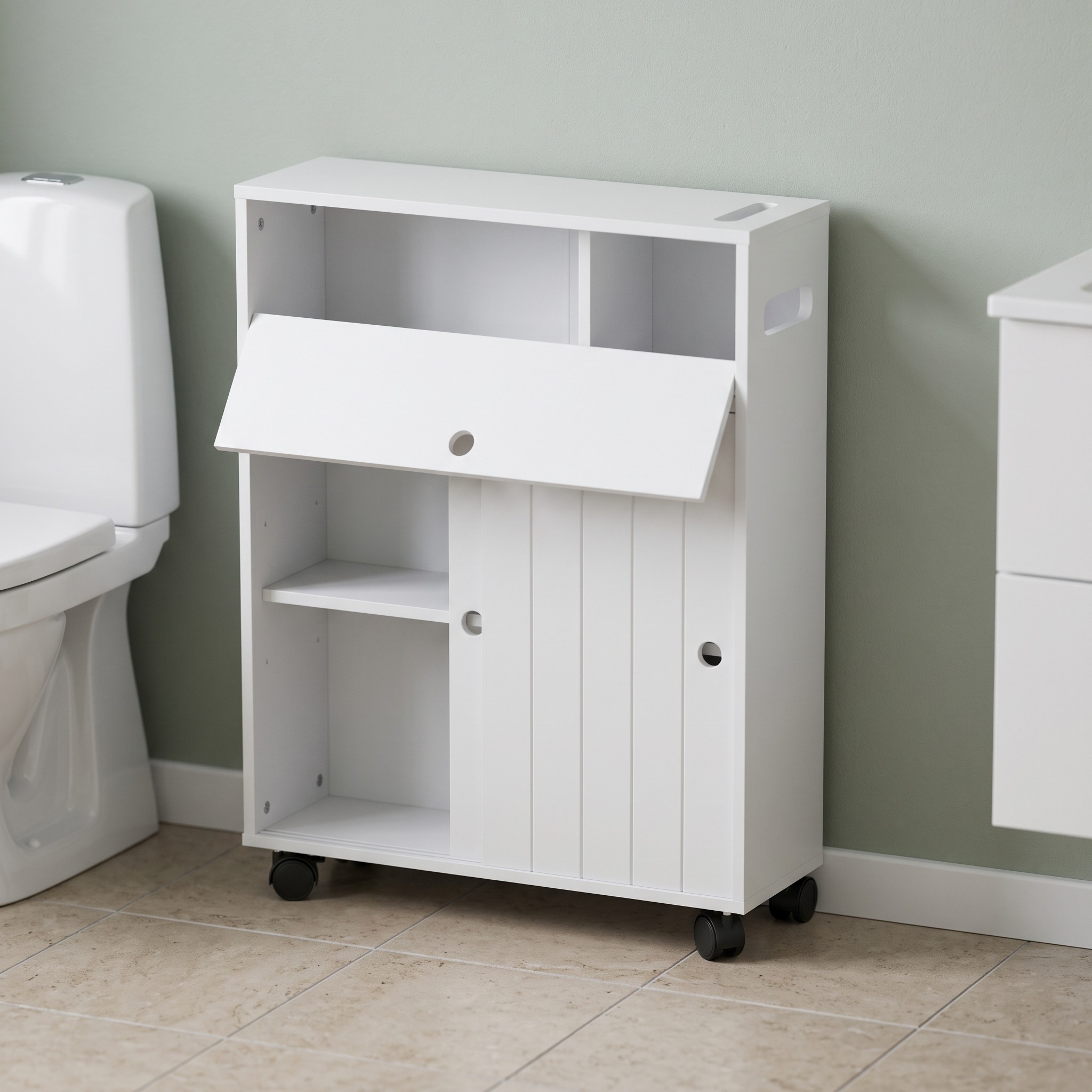 Slim Bathroom Cabinet with Sliding Doors, White, photo 3 of 5