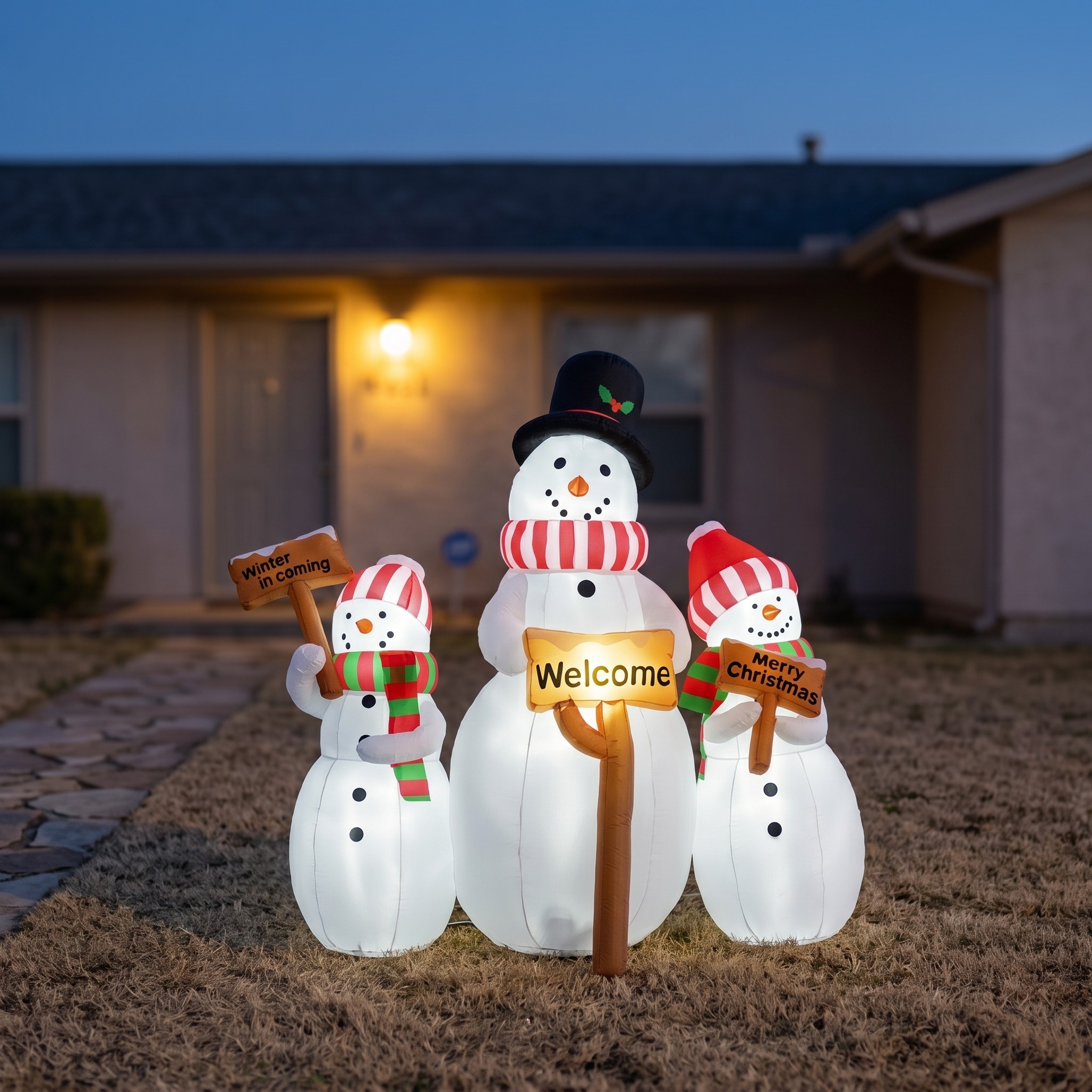 Three-Snowman Christmas Inflatable with LED Lights, White, photo 1 of 5