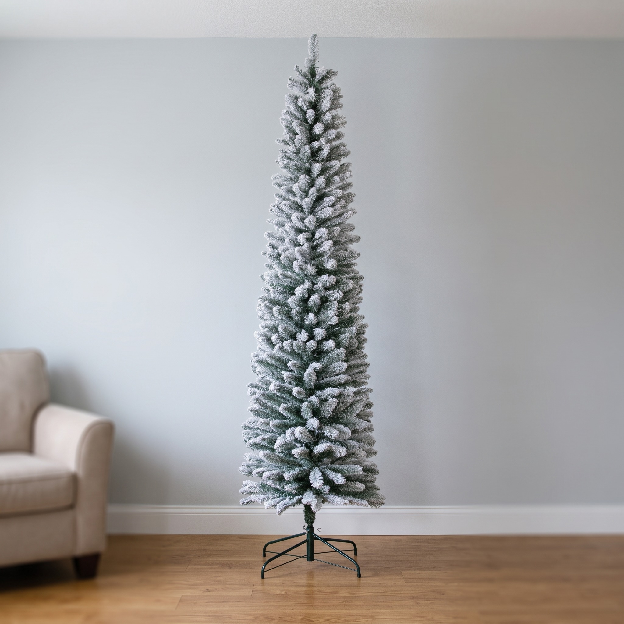 7 ft Christmas Tree with Snow Flocking, Pencil, Green, photo 1 of 5