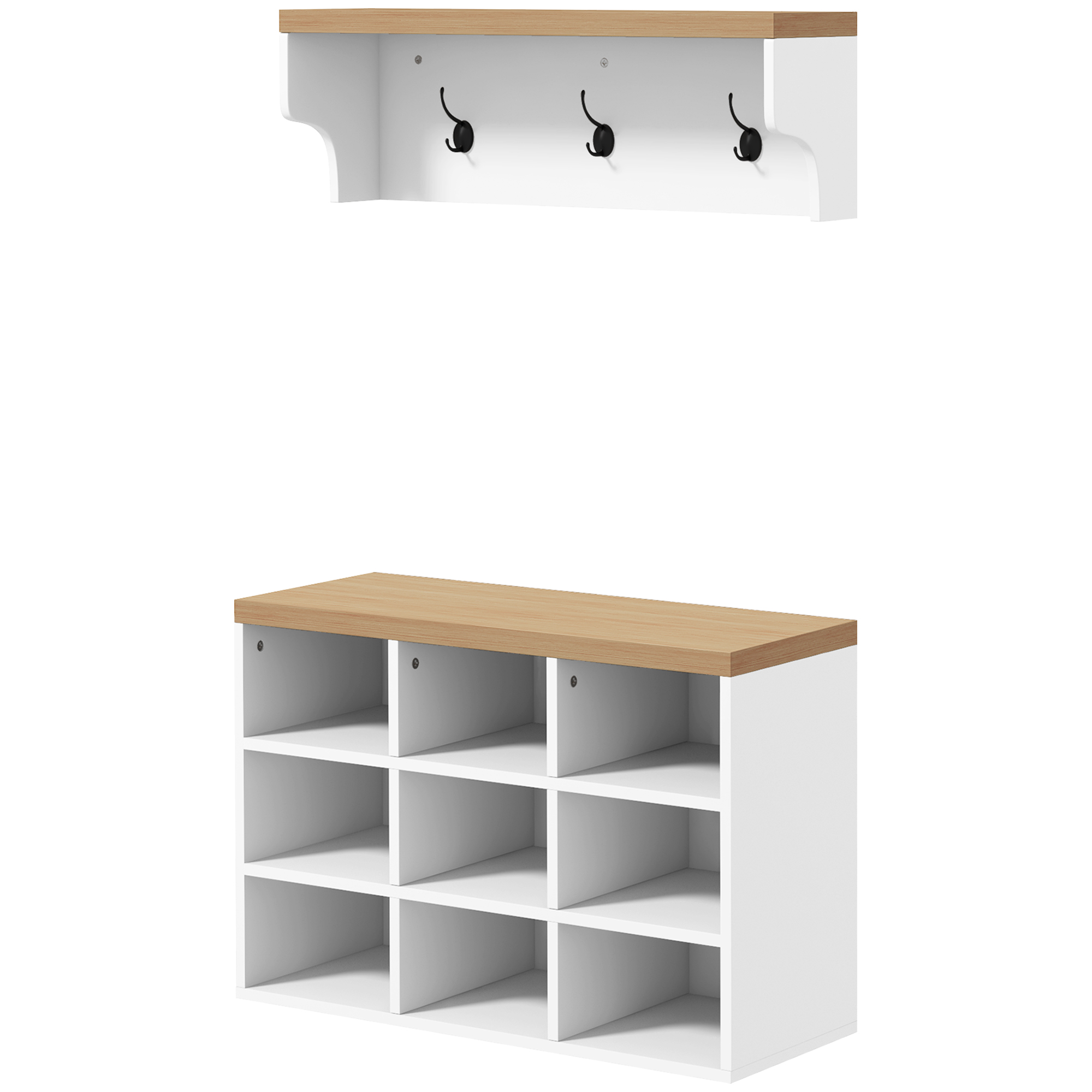 9-Cubby Shoe Bench with Wall Coat Rack, White and Oak, photo 5 of 5