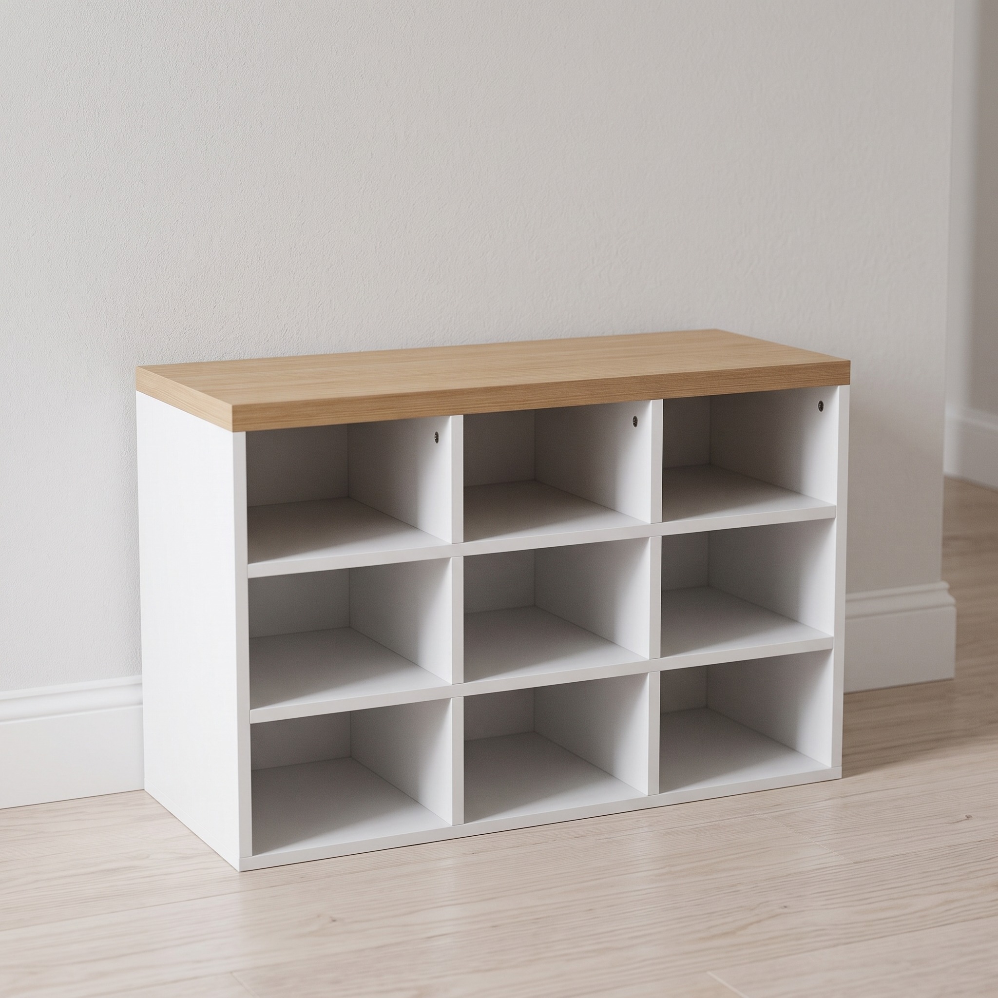 9-Cubby Shoe Bench with Wall Coat Rack, White and Oak, photo 3 of 5