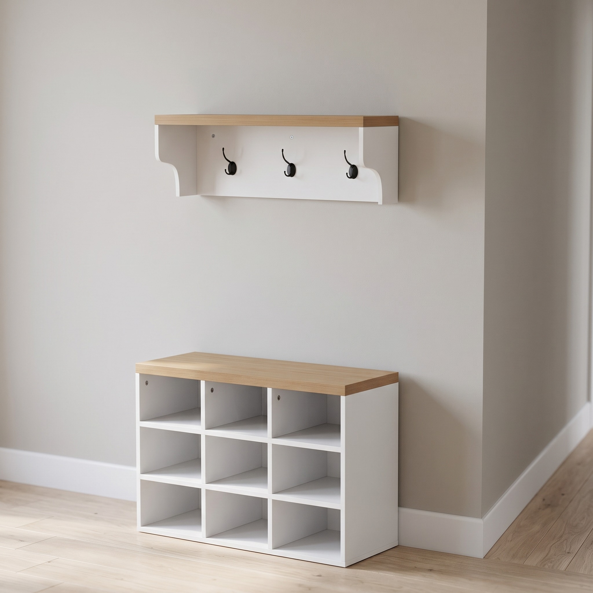 9-Cubby Shoe Bench with Wall Coat Rack, White and Oak, photo 2 of 5