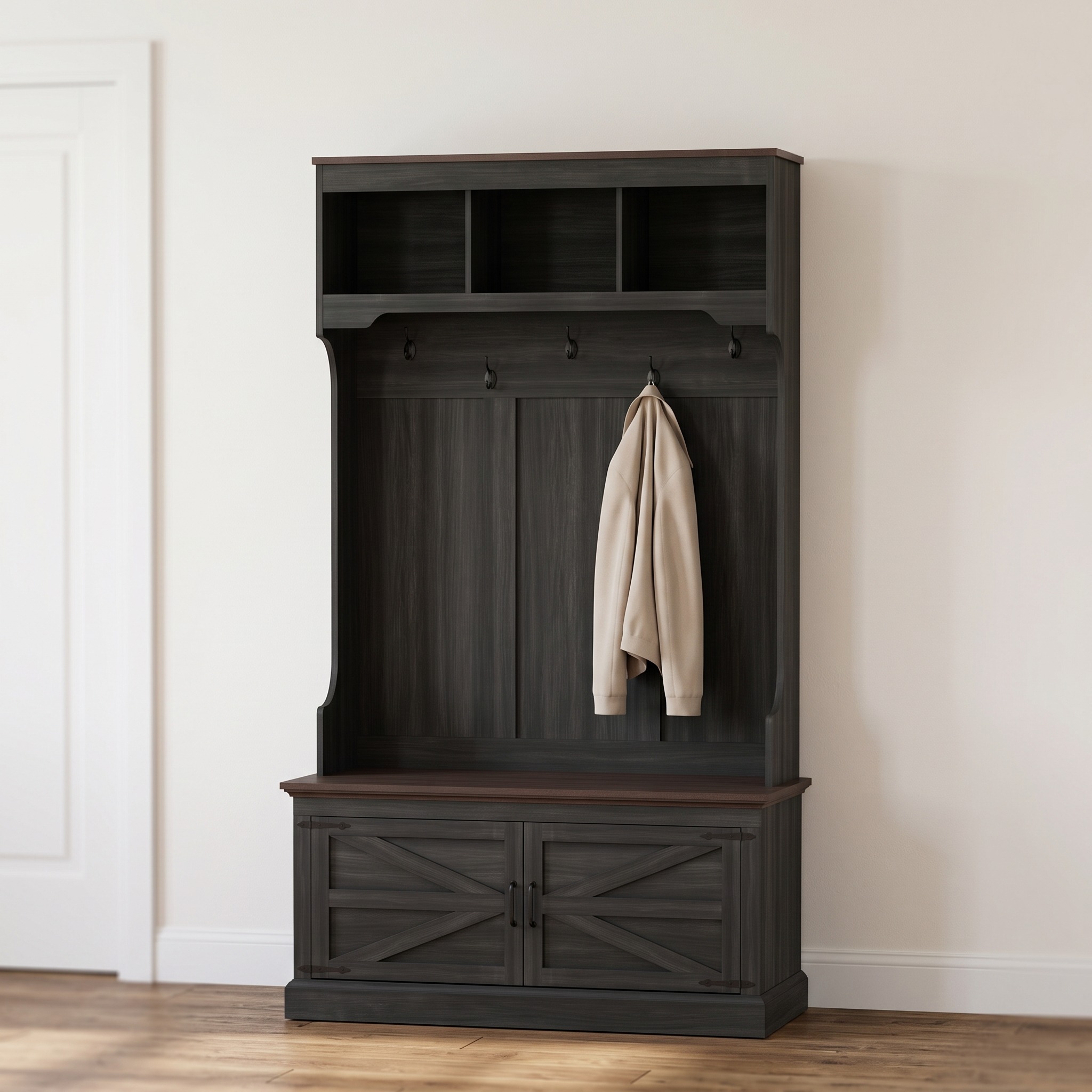 Hall Tree with Bench and Enclosed Shoe Storage — Black Wood Grain, 41.3 in Wide, photo 7 of 7