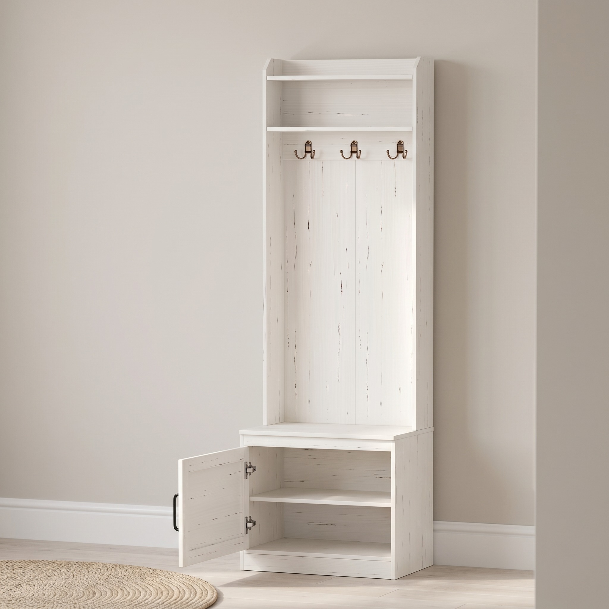 Hall Tree with Shoe Storage Bench, Narrow, White, photo 2 of 5
