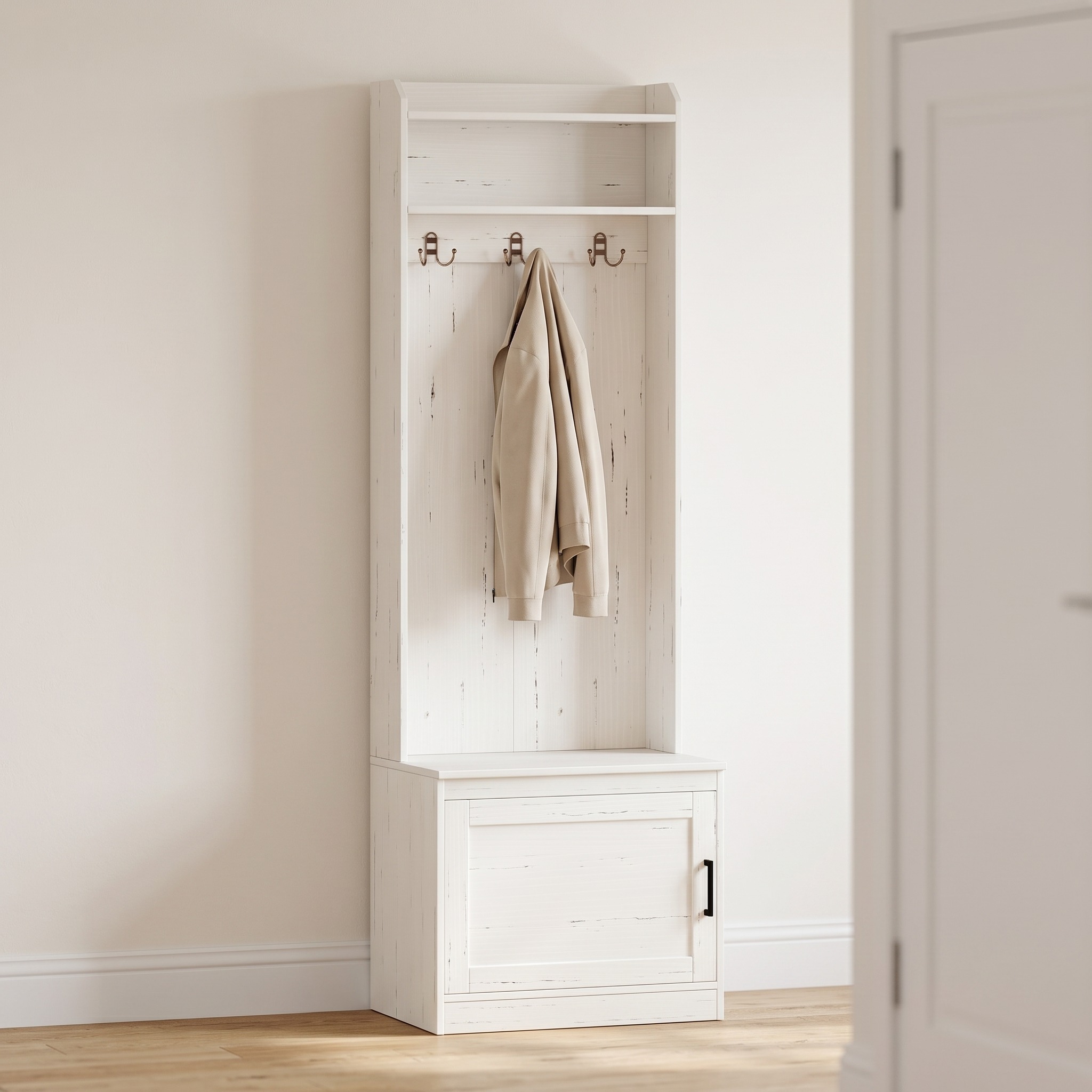 Hall Tree with Shoe Storage Bench, Narrow, White, photo 1 of 5