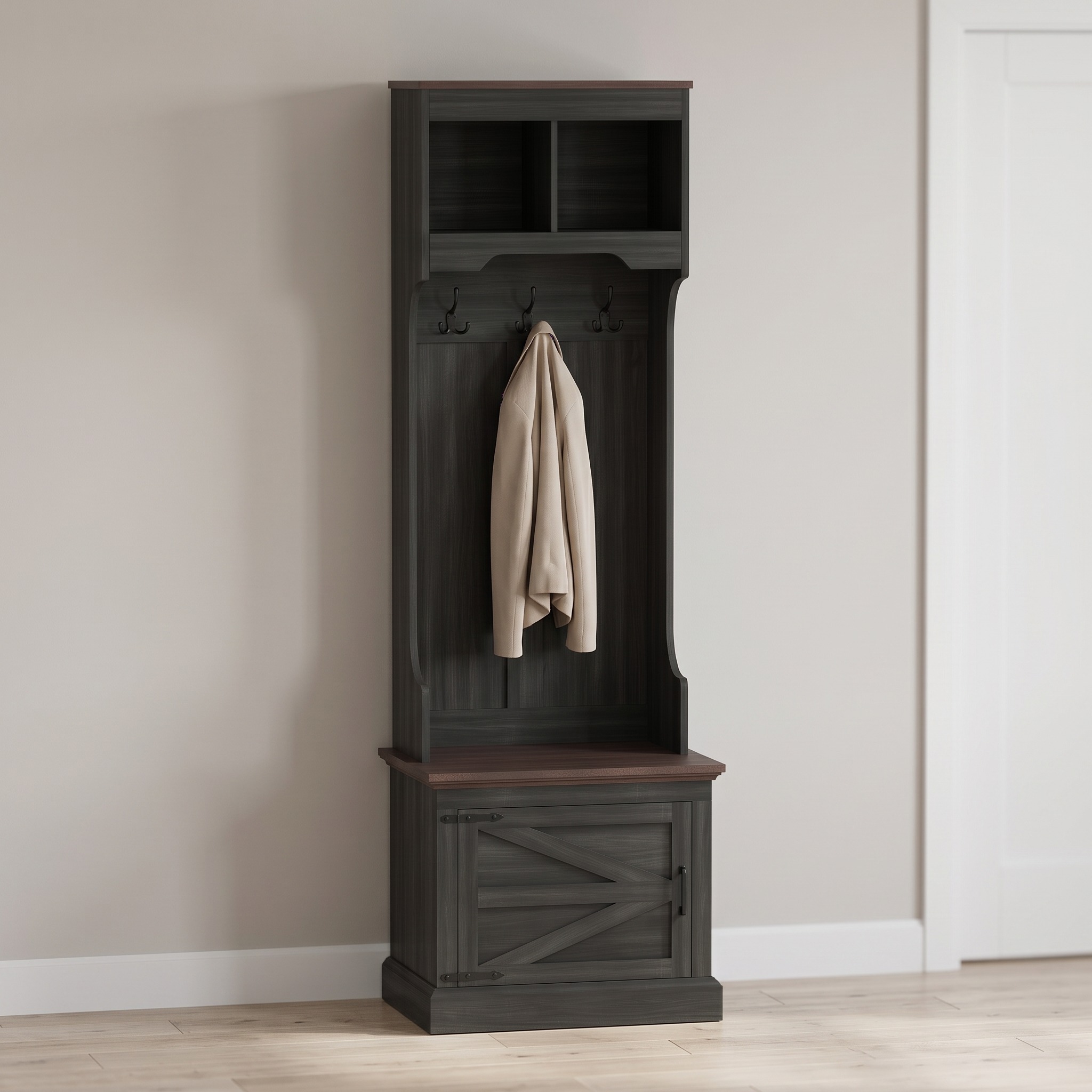 Hall Tree with Bench and Enclosed Shoe Storage — Black Wood Grain, 23.1 in Wide, photo 6 of 7