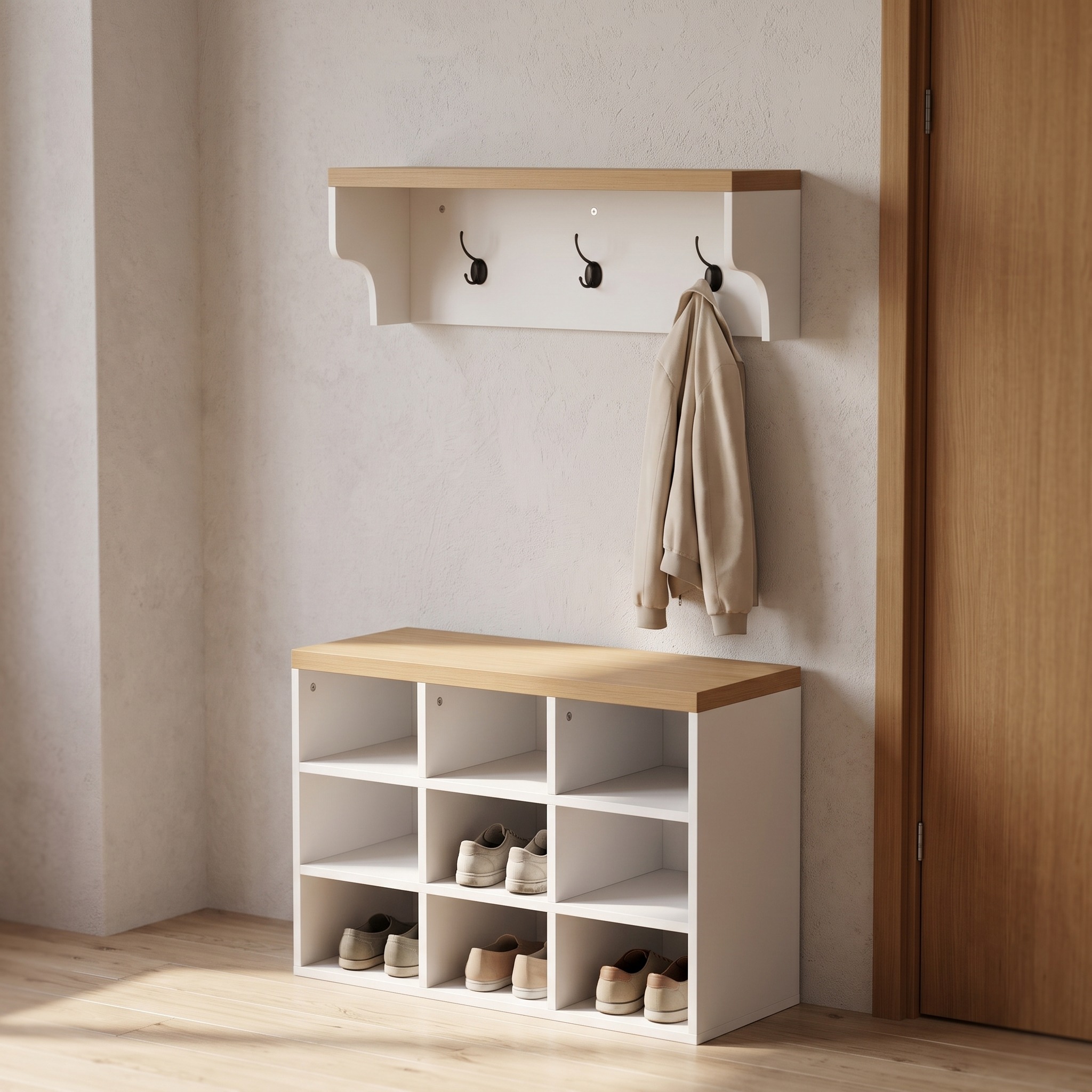 9-Cubby Shoe Bench with Wall Coat Rack, White and Oak, photo 1 of 5