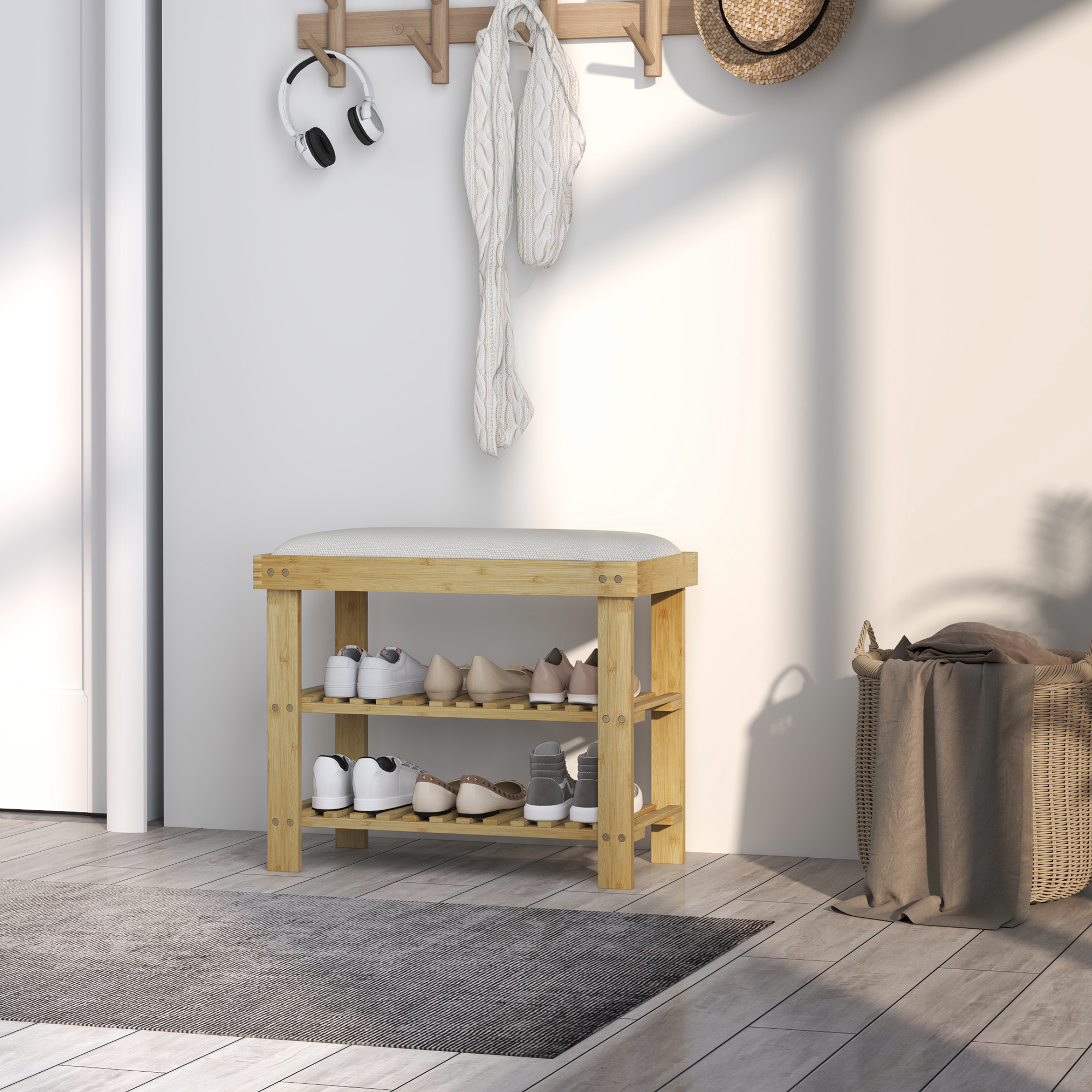 Bamboo Shoe Bench with Cushion, 3-Tier, photo 4 of 7
