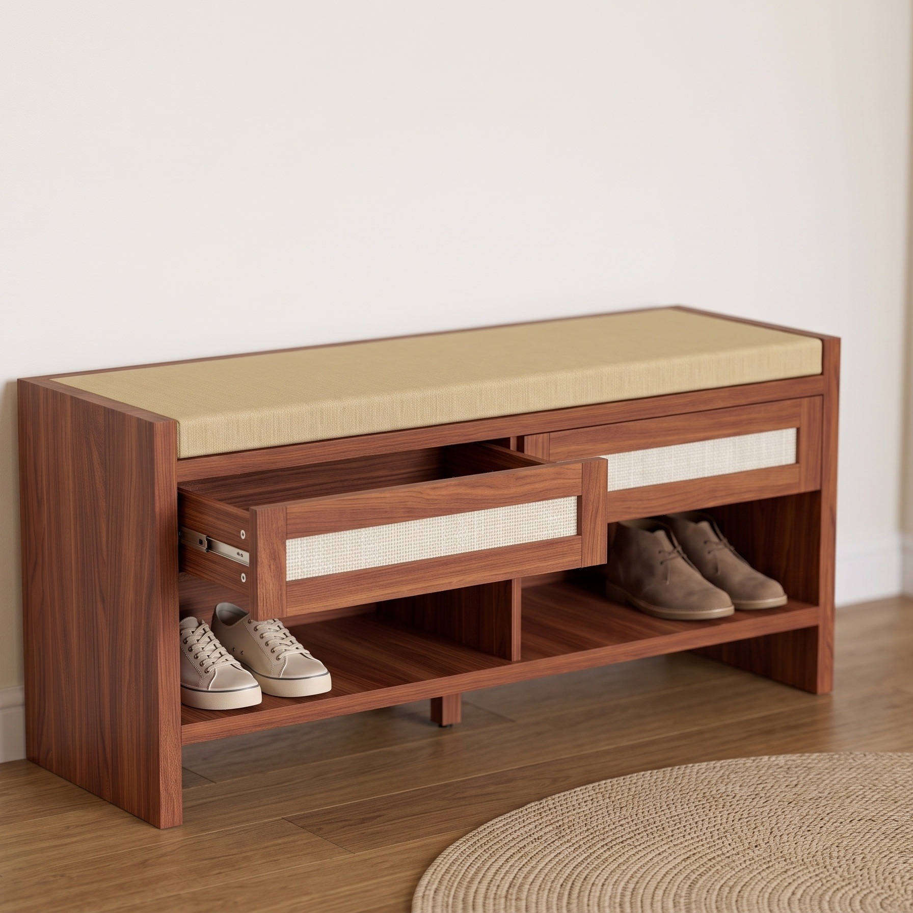 Shoe Bench with Rattan Drawers, Brown, photo 3 of 5