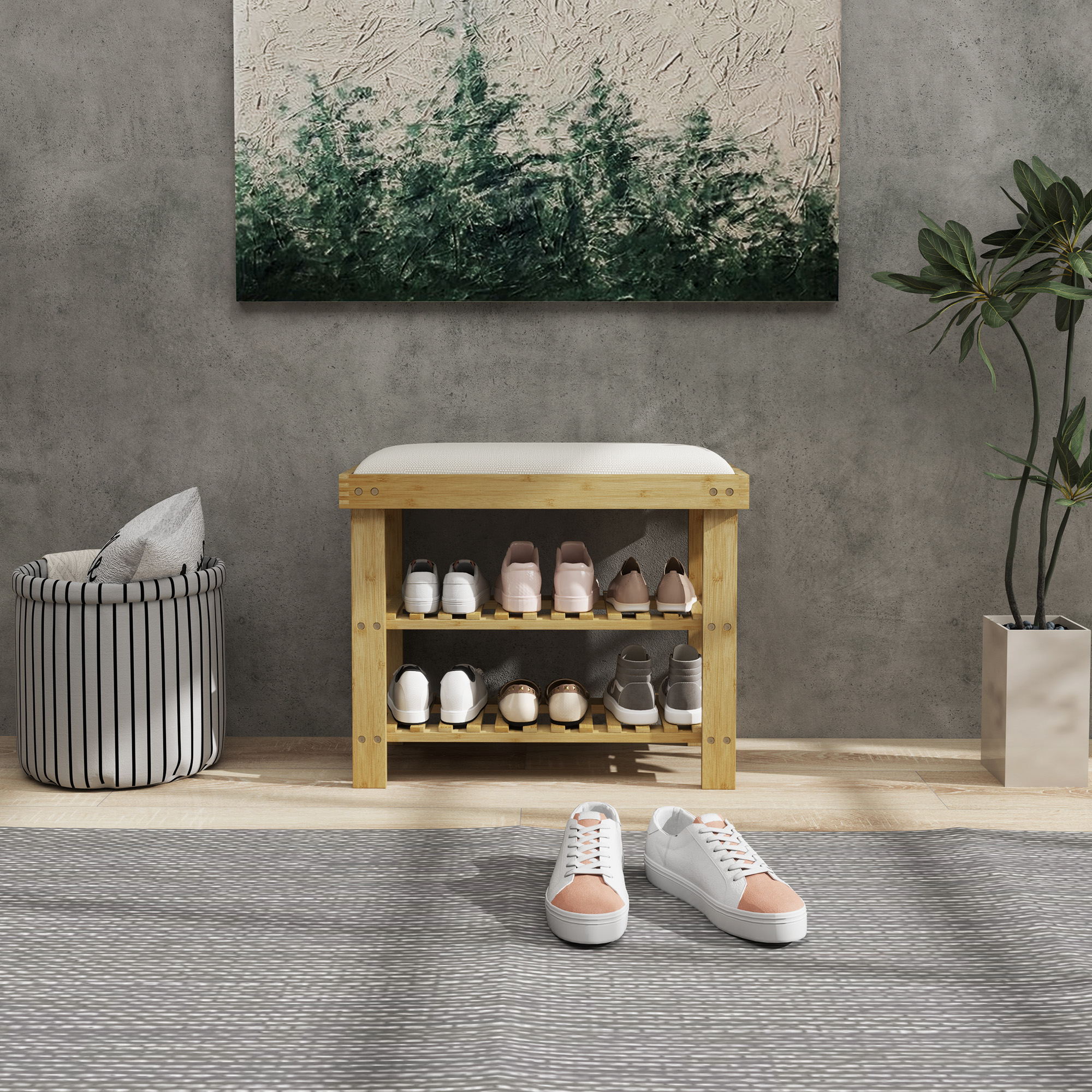 Bamboo Shoe Bench with Cushion, 3-Tier, photo 5 of 7