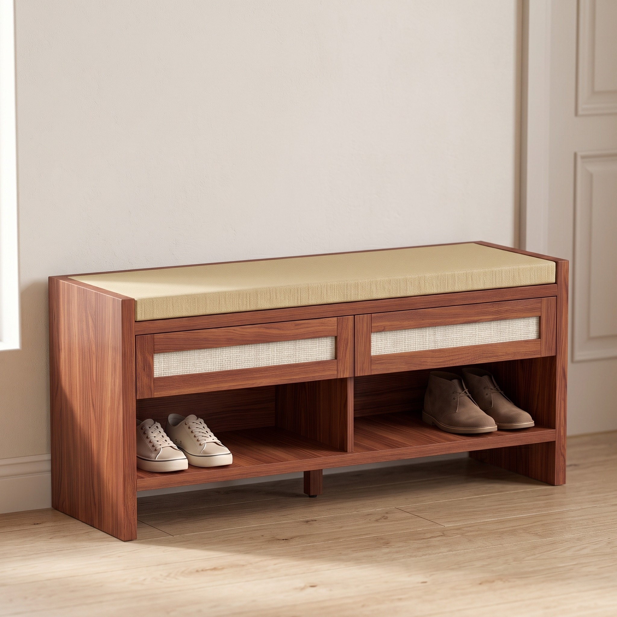 Shoe Bench with Rattan Drawers, Brown, photo 1 of 5