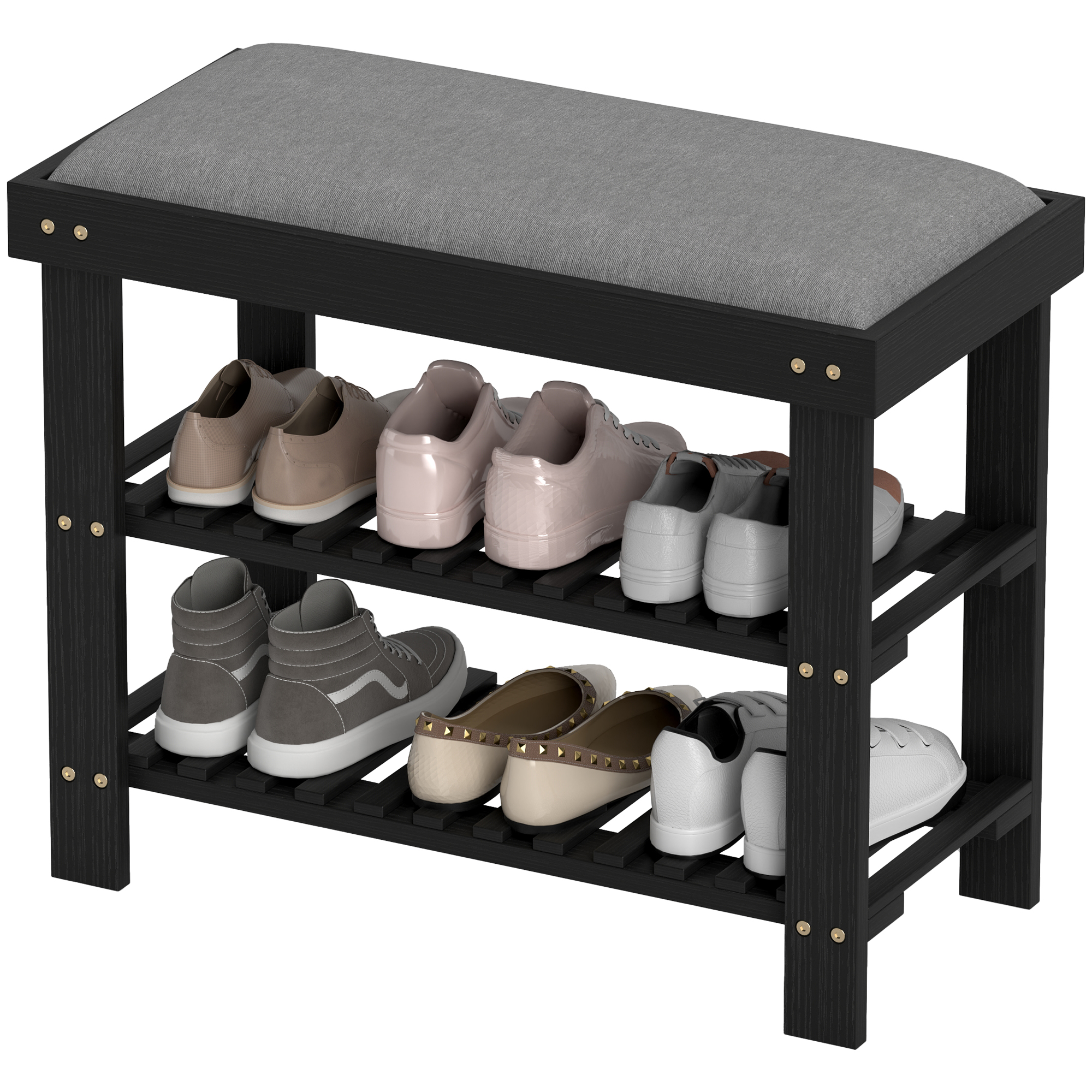 Bamboo Shoe Bench with Cushion, 3-Tier — Black, 23.6 in, photo 6 of 7
