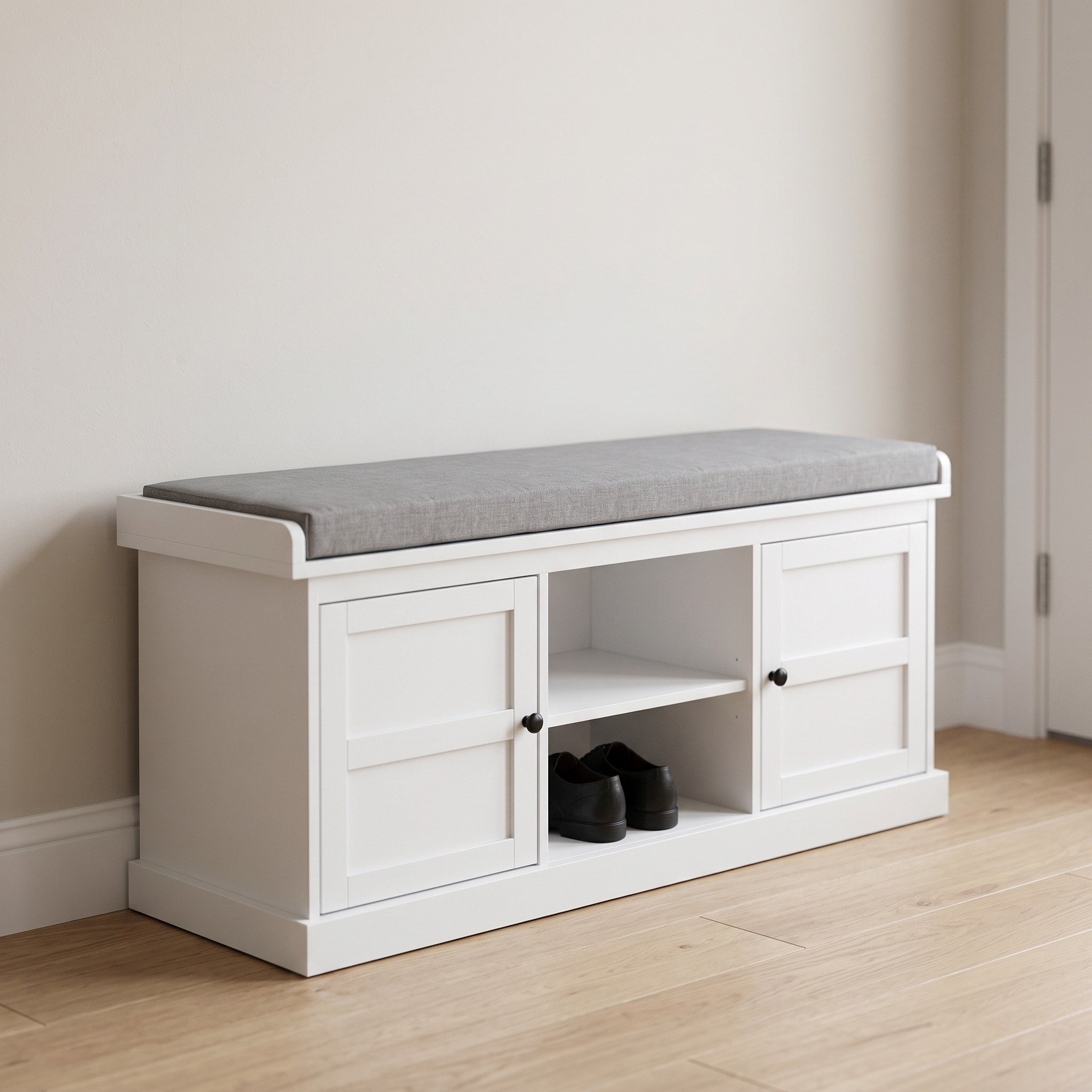 Shoe Storage Bench with Cushioned Seat and 2 Cabinets, White, photo 1 of 5