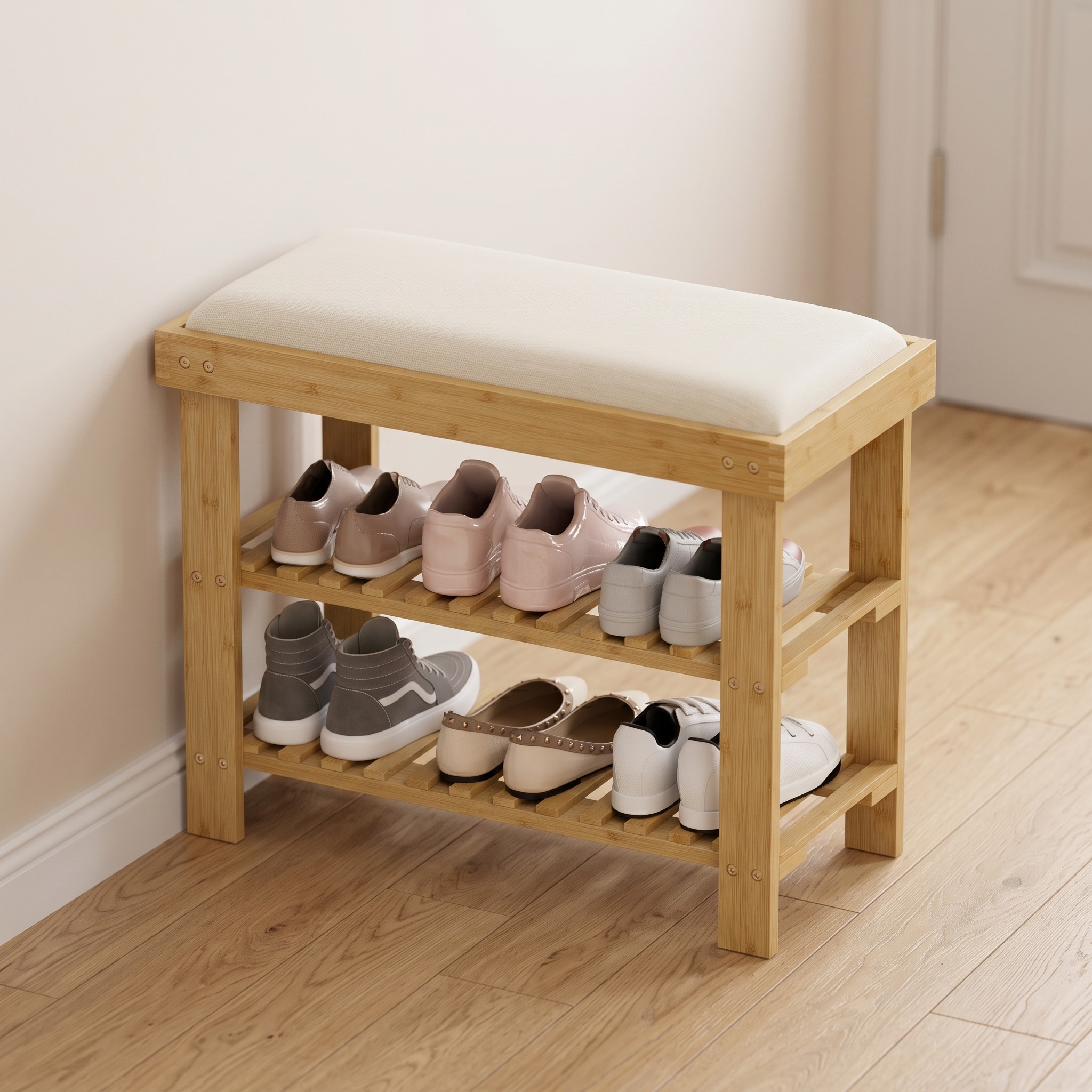 Bamboo Shoe Bench with Cushion, 3-Tier, photo 1 of 7