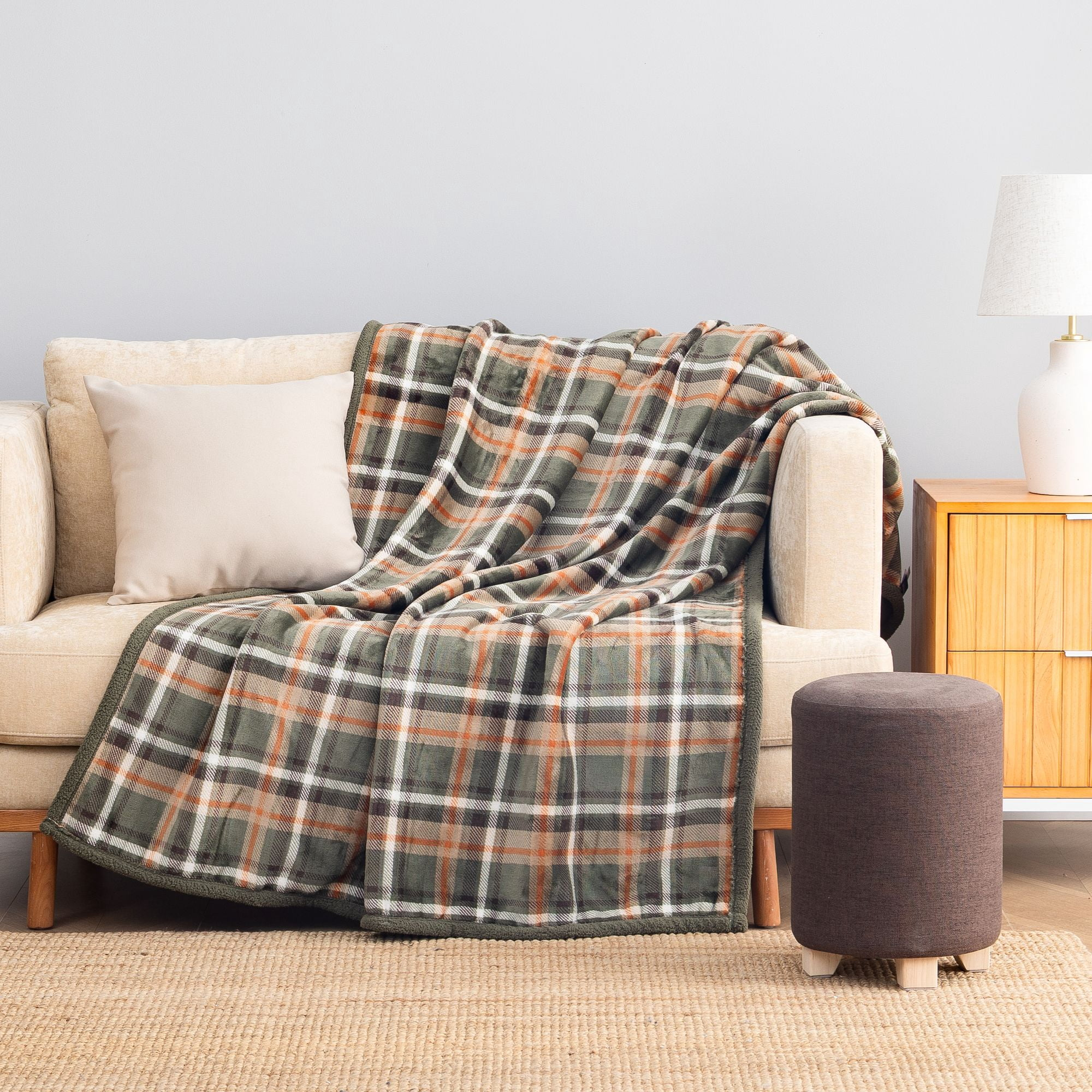Throw Blanket with Reversible Plush and Sherpa — Green Plaid, photo 6 of 10