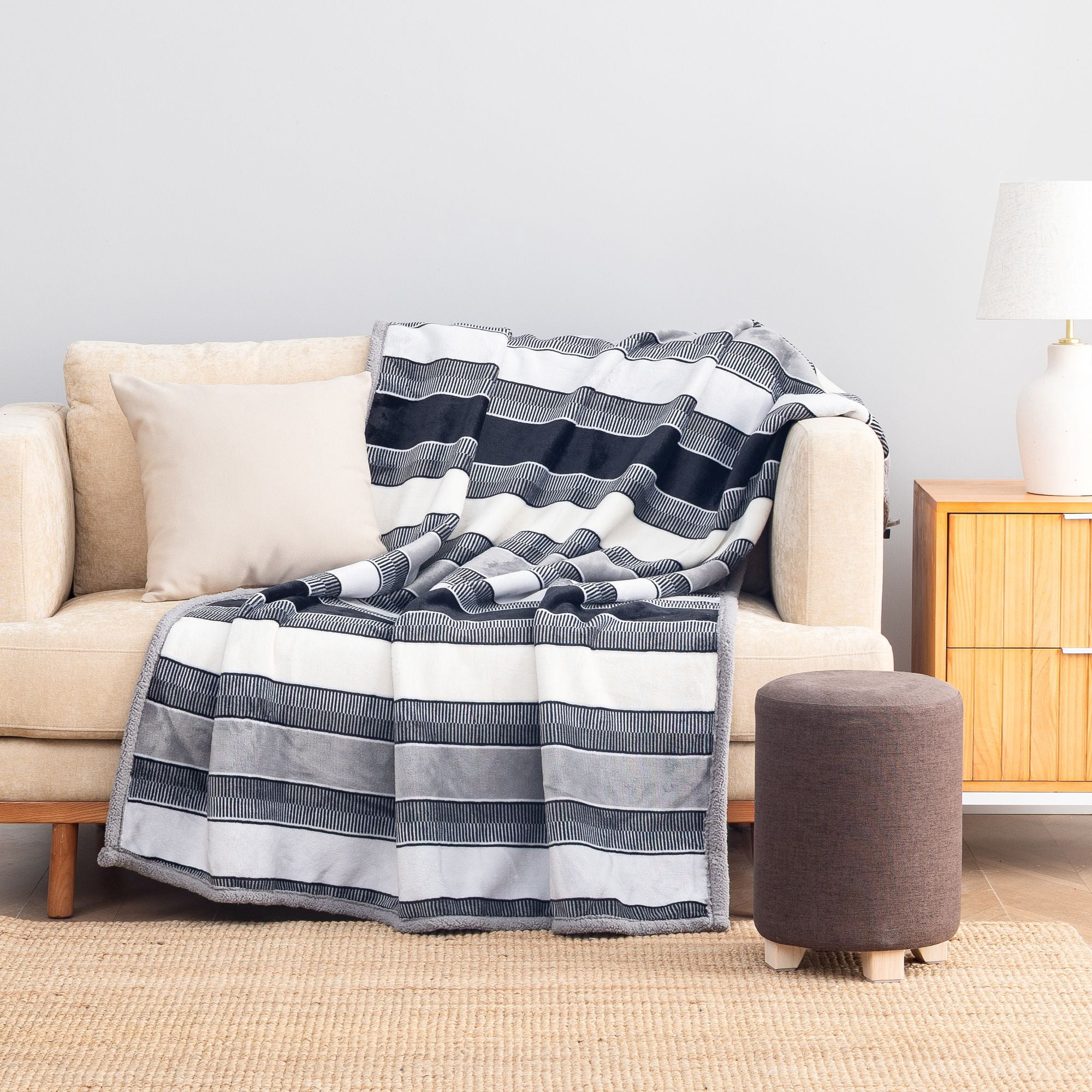 Throw Blanket with Reversible Plush and Sherpa — Gray Stripe, photo 10 of 10