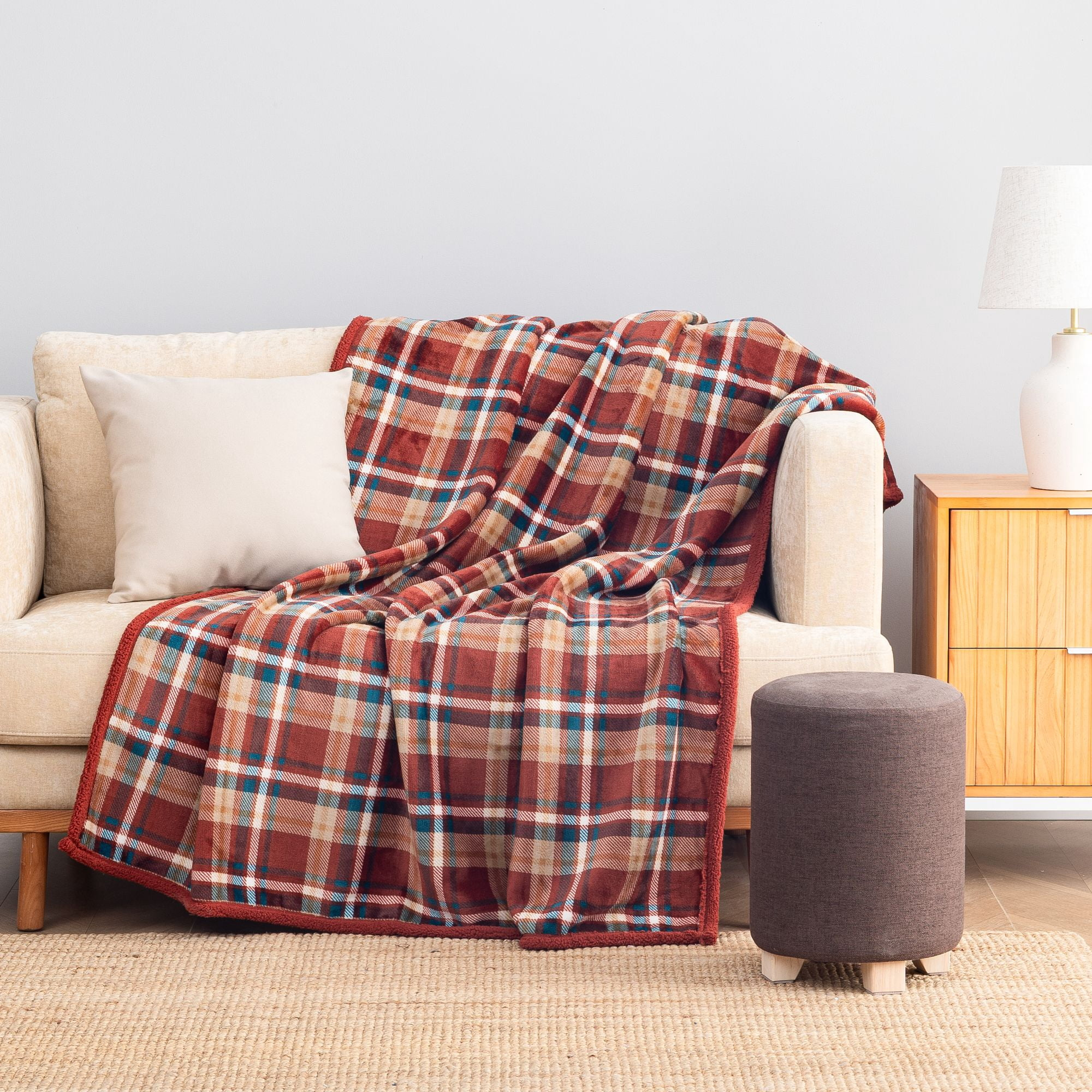 Throw Blanket with Reversible Plush and Sherpa — Rust Plaid, photo 7 of 10