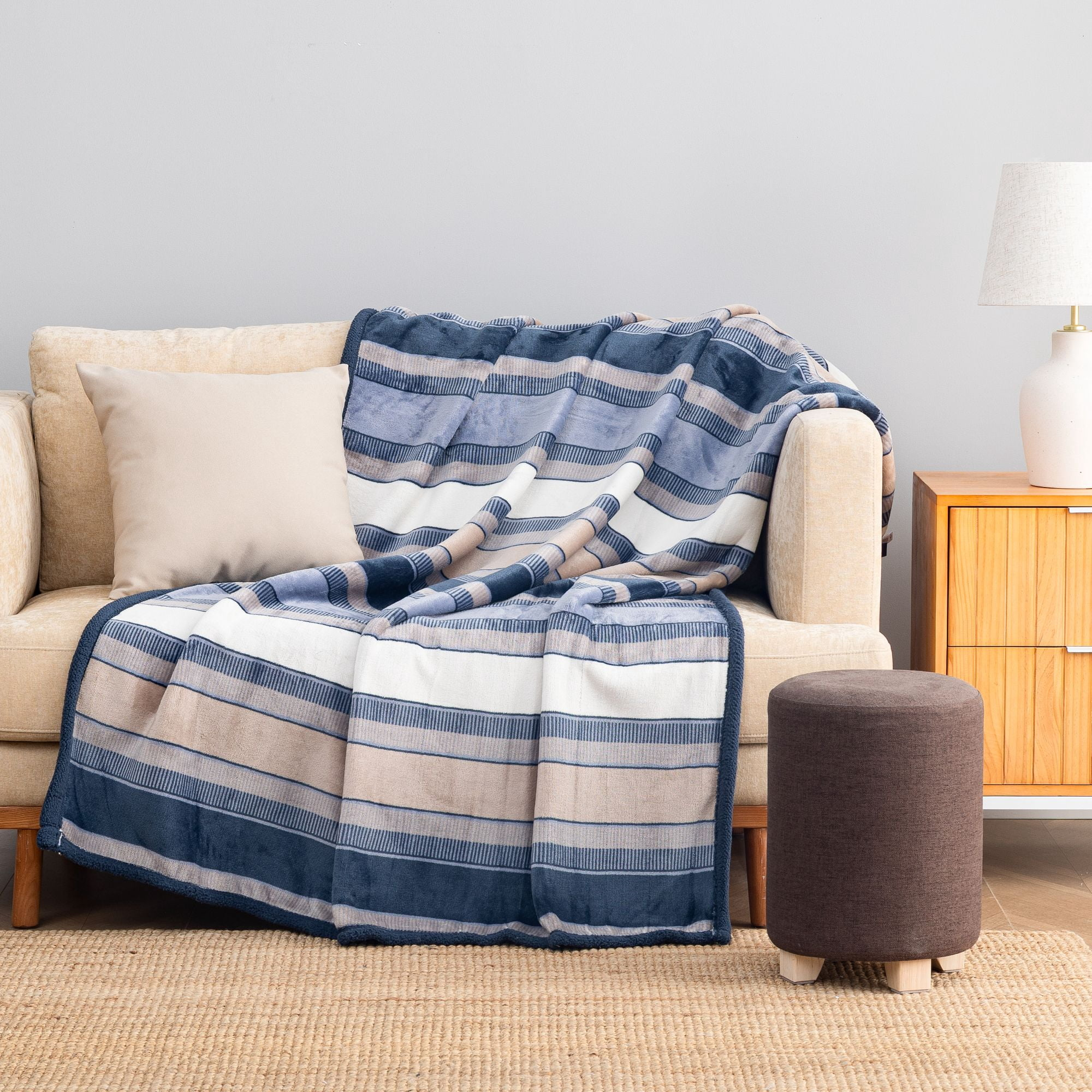 Throw Blanket with Reversible Plush and Sherpa — Blue Stripe, photo 9 of 10