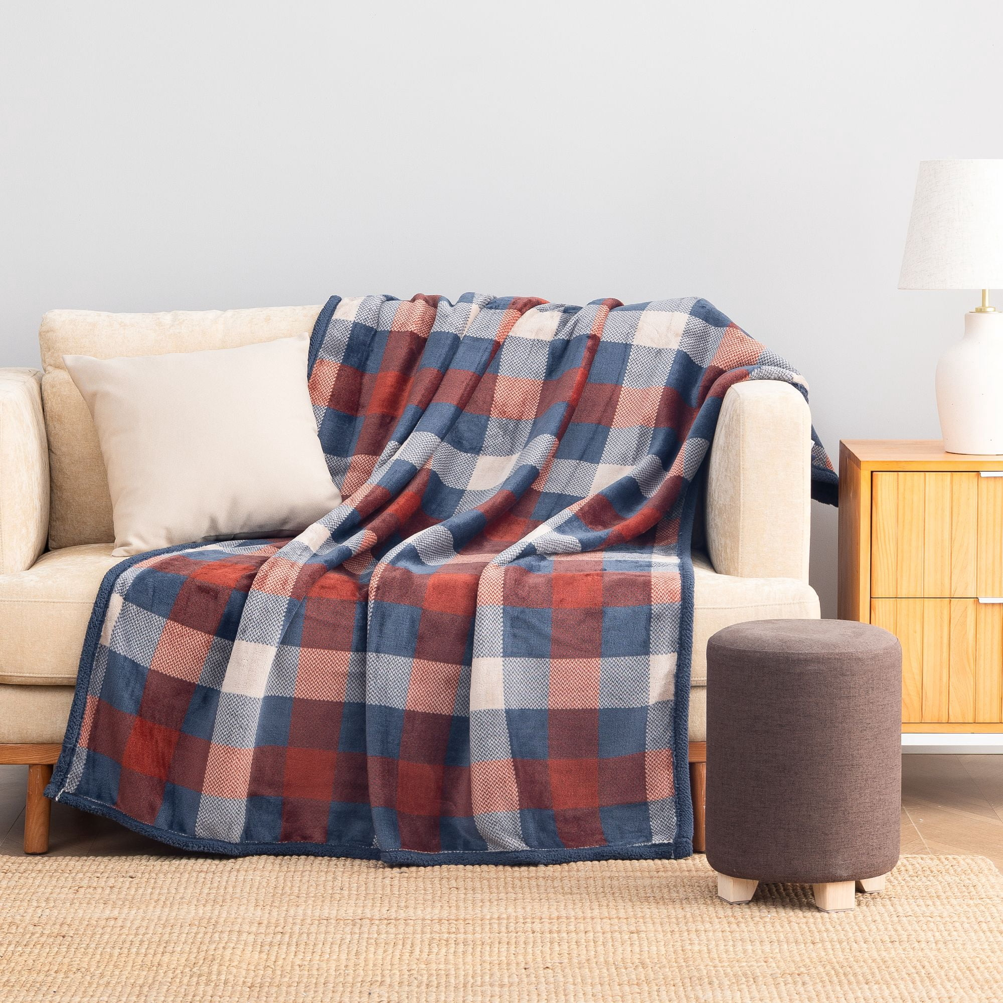 Throw Blanket with Reversible Plush and Sherpa — Blue Multi Plaid, photo 8 of 10