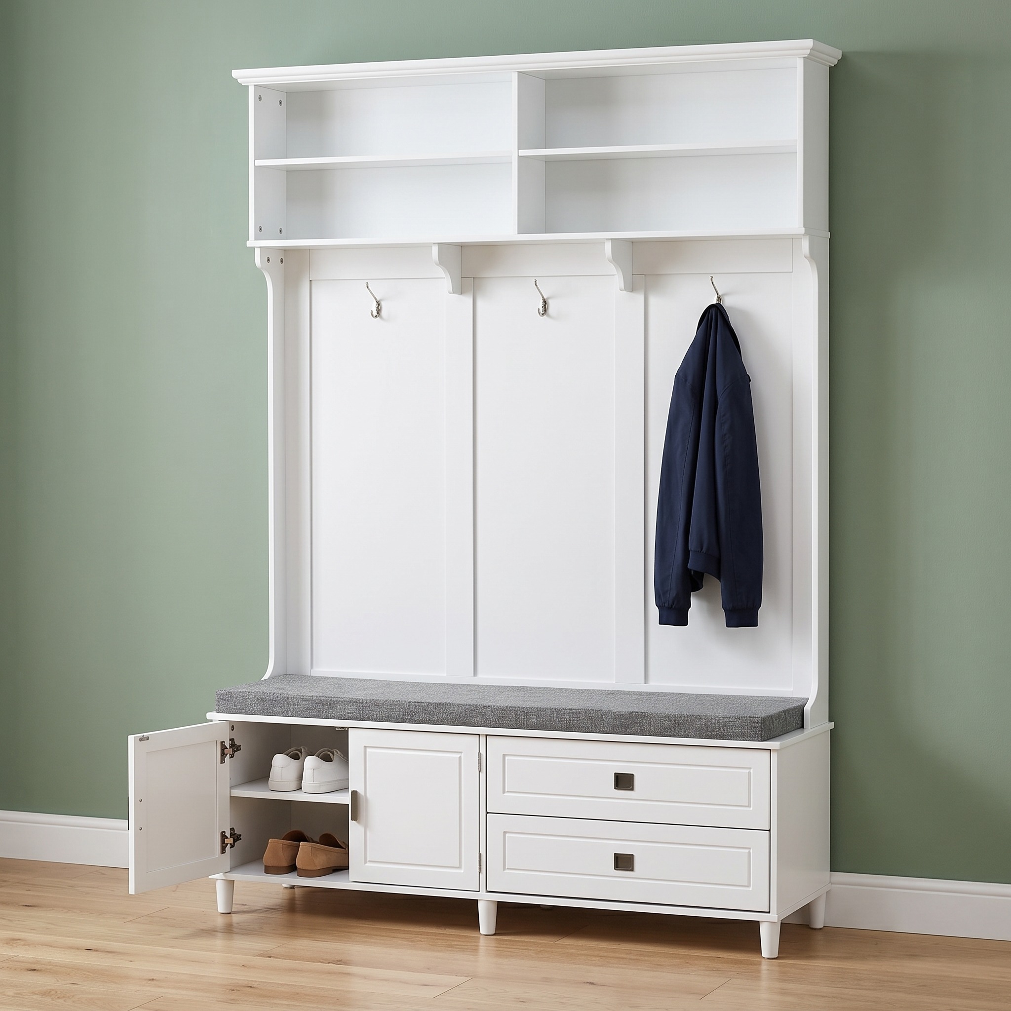Hall Tree with Cushioned Bench and 2 Drawers, White, photo 1 of 5