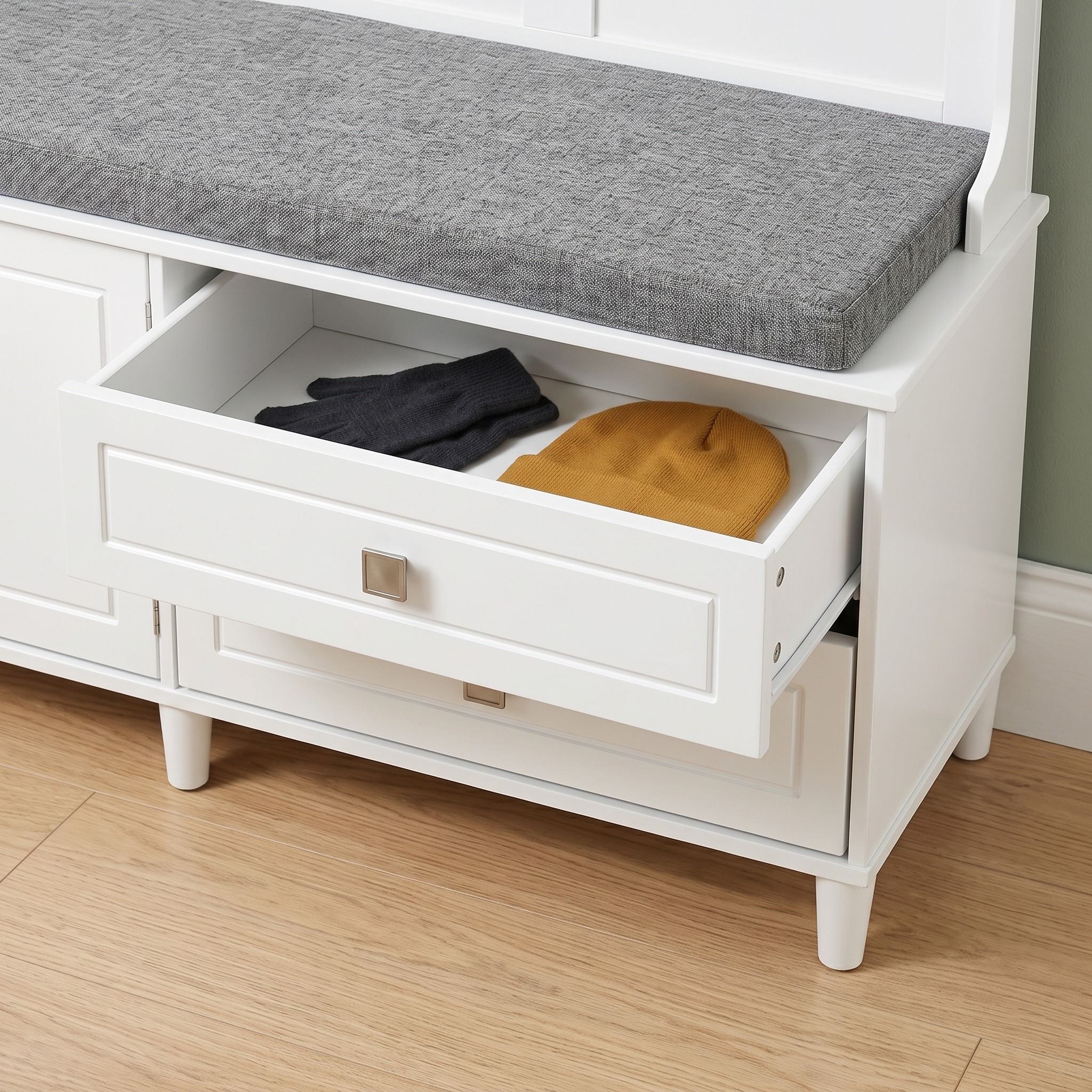 Hall Tree with Cushioned Bench and 2 Drawers, White, photo 2 of 5