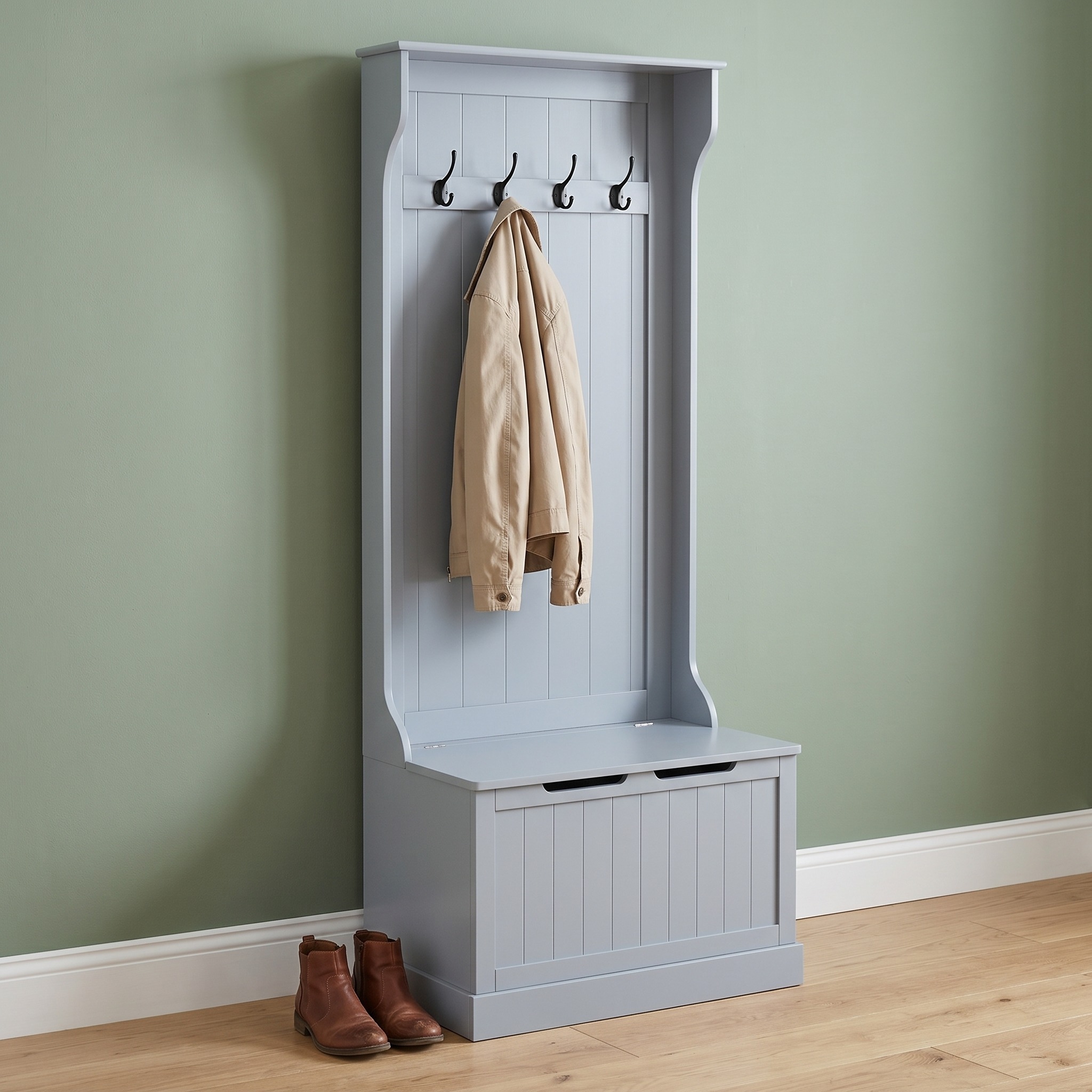 Hall Tree with Lift-Top Storage Bench and 4 Double Hooks — Gray, photo 8 of 10