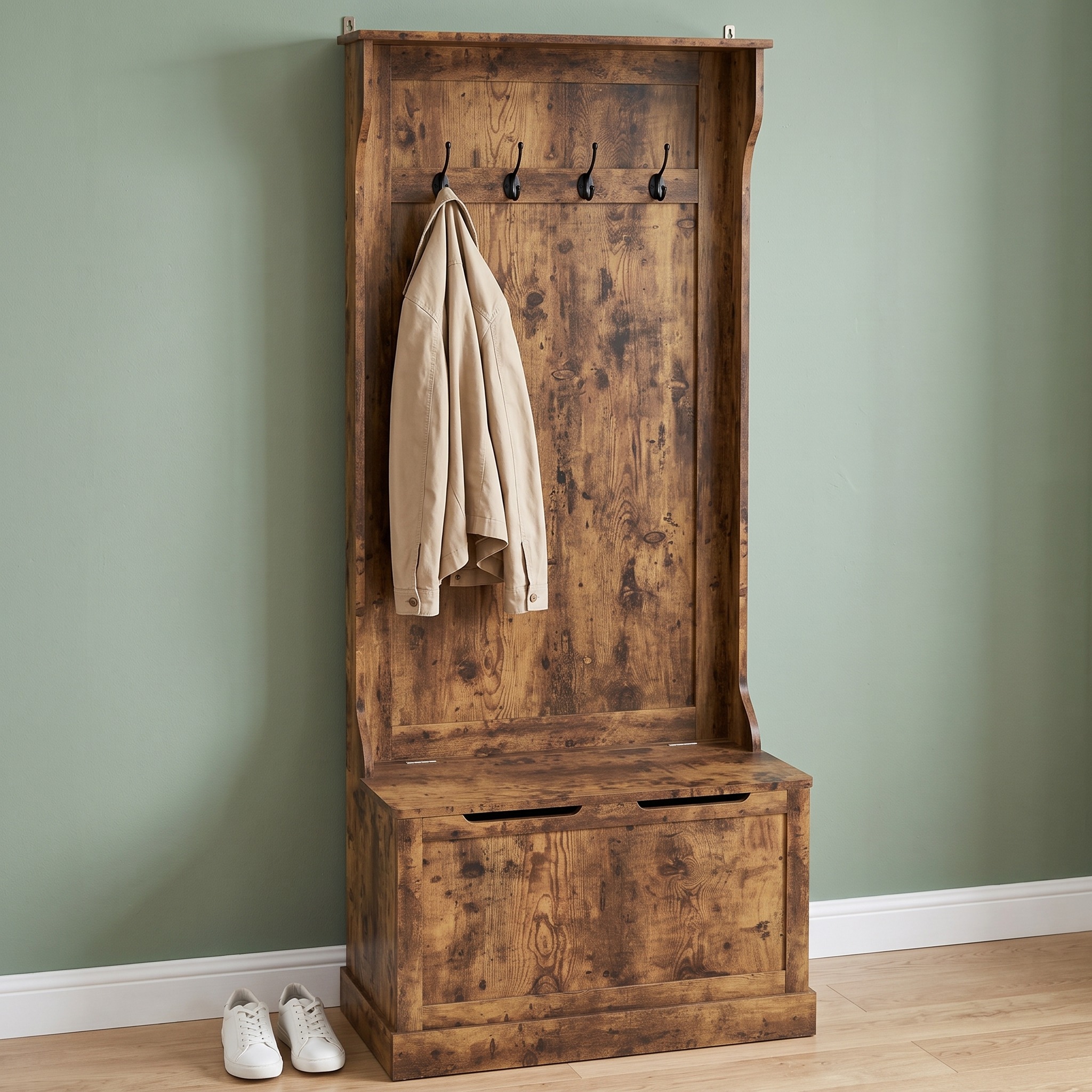 Hall Tree with Lift-Top Storage Bench and 4 Double Hooks — Rustic Brown, photo 9 of 10