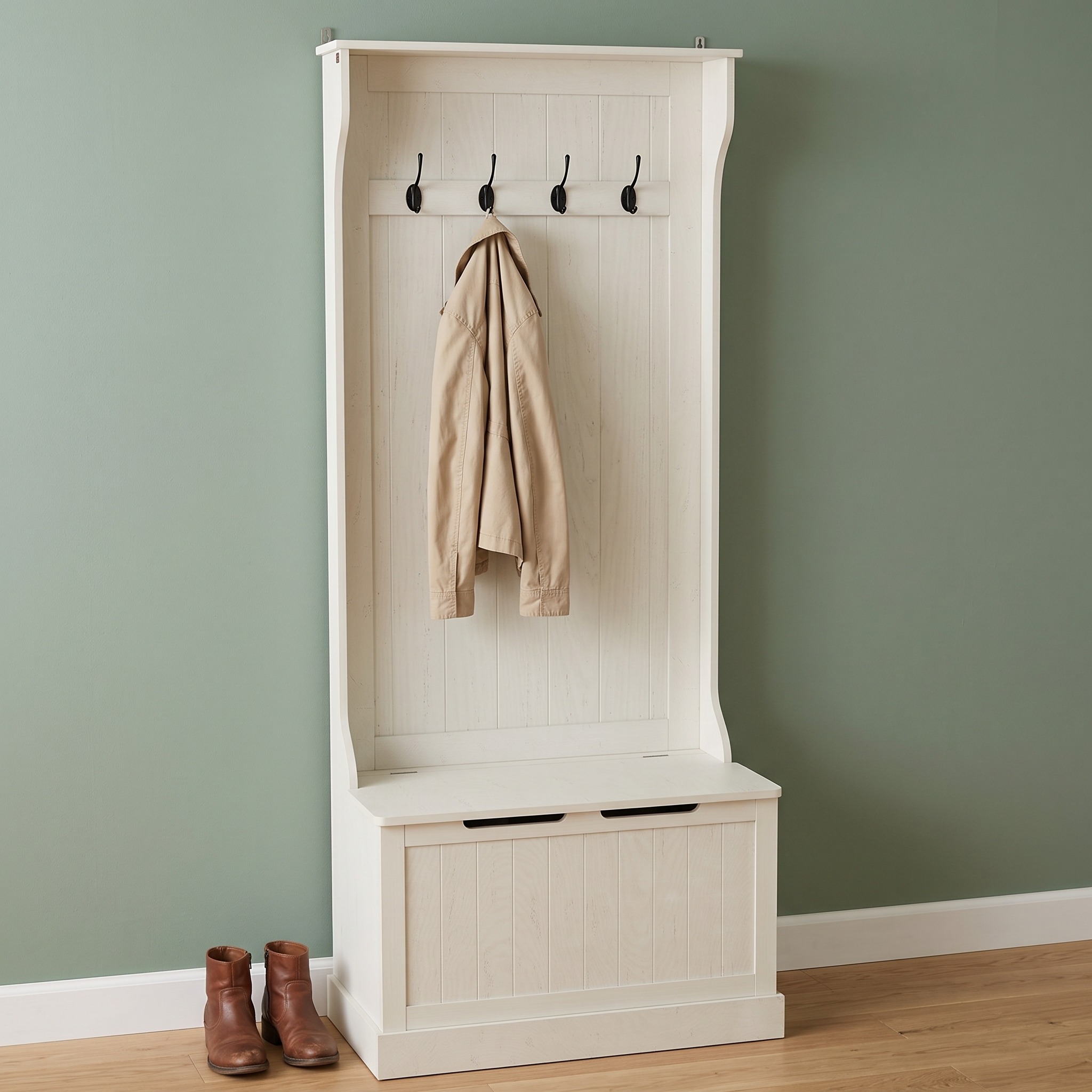 Hall Tree with Lift-Top Storage Bench and 4 Double Hooks — Cream White, photo 10 of 10