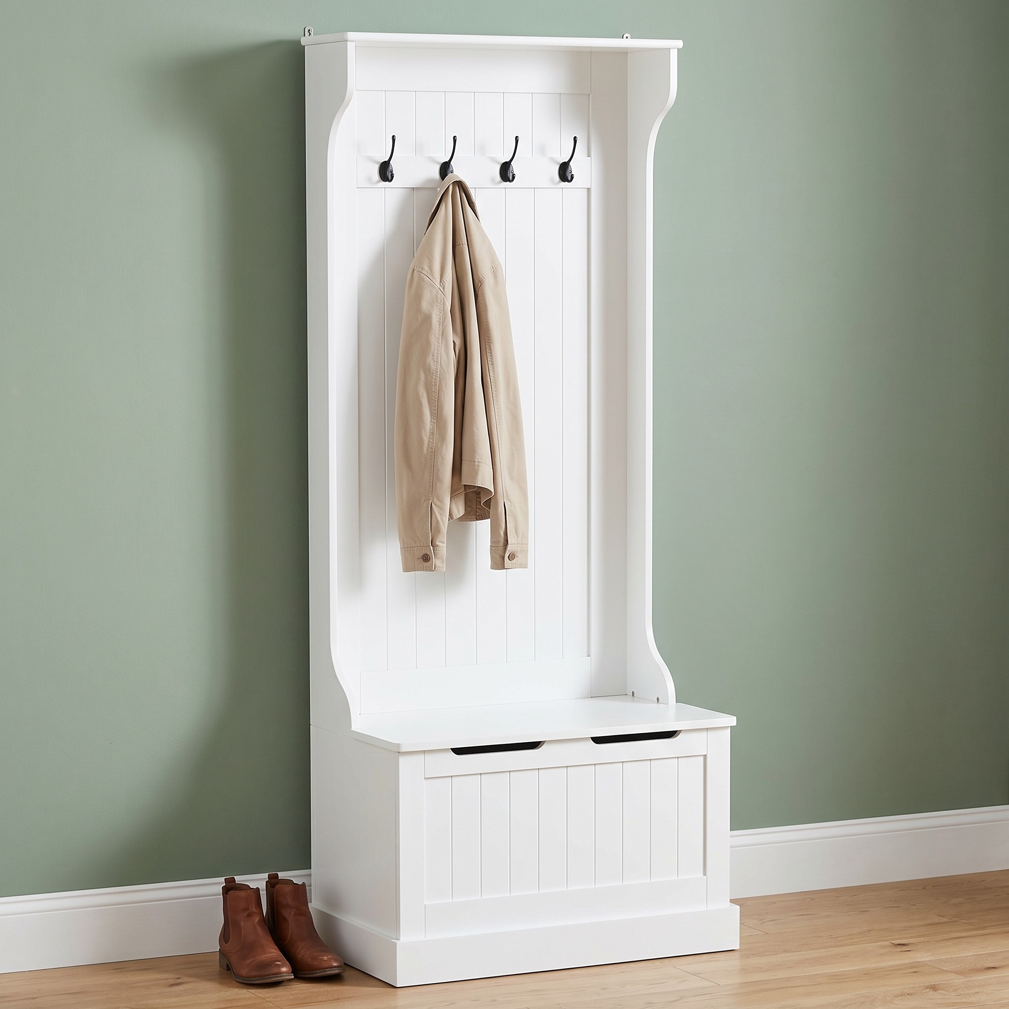 Hall Tree with Lift-Top Storage Bench and 4 Double Hooks — White, photo 7 of 10