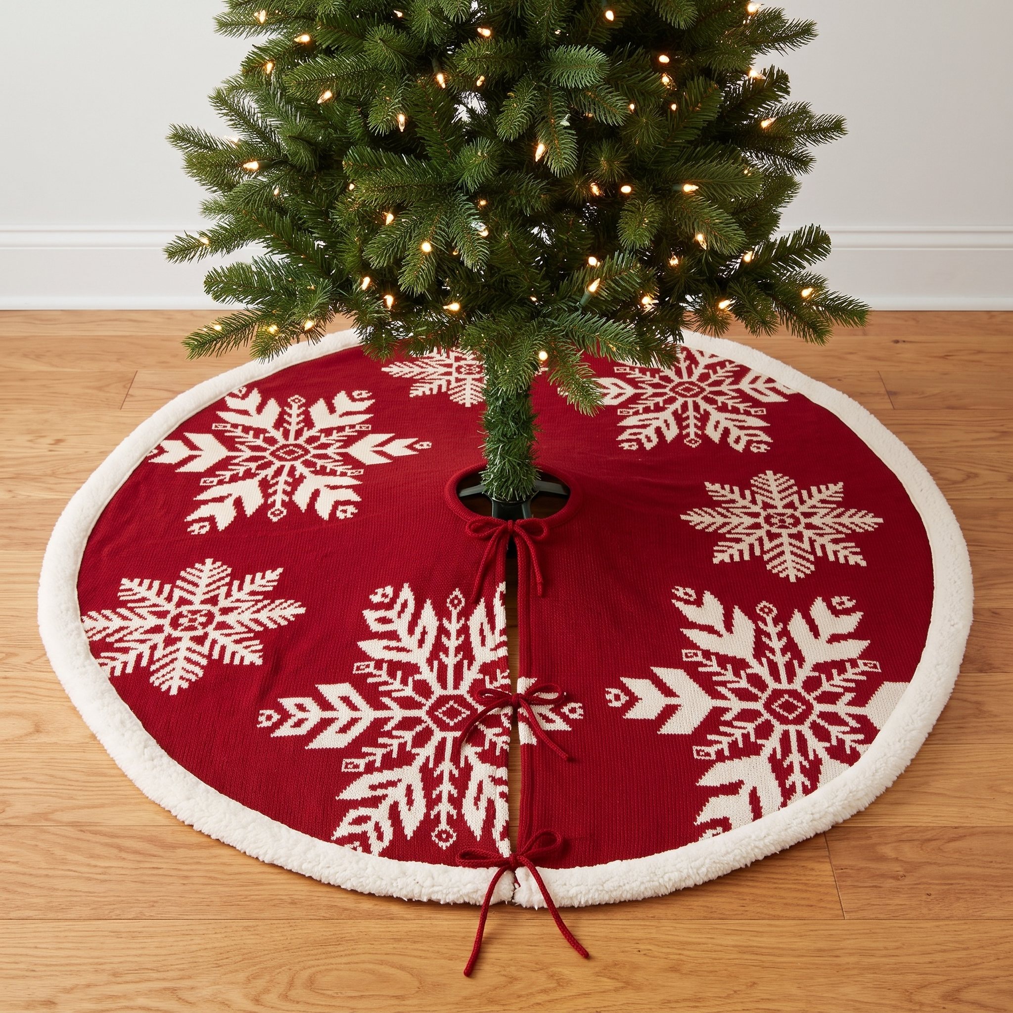48 in Tree Skirt with Knitted Snowflakes, Red and Cream, photo 1 of 5
