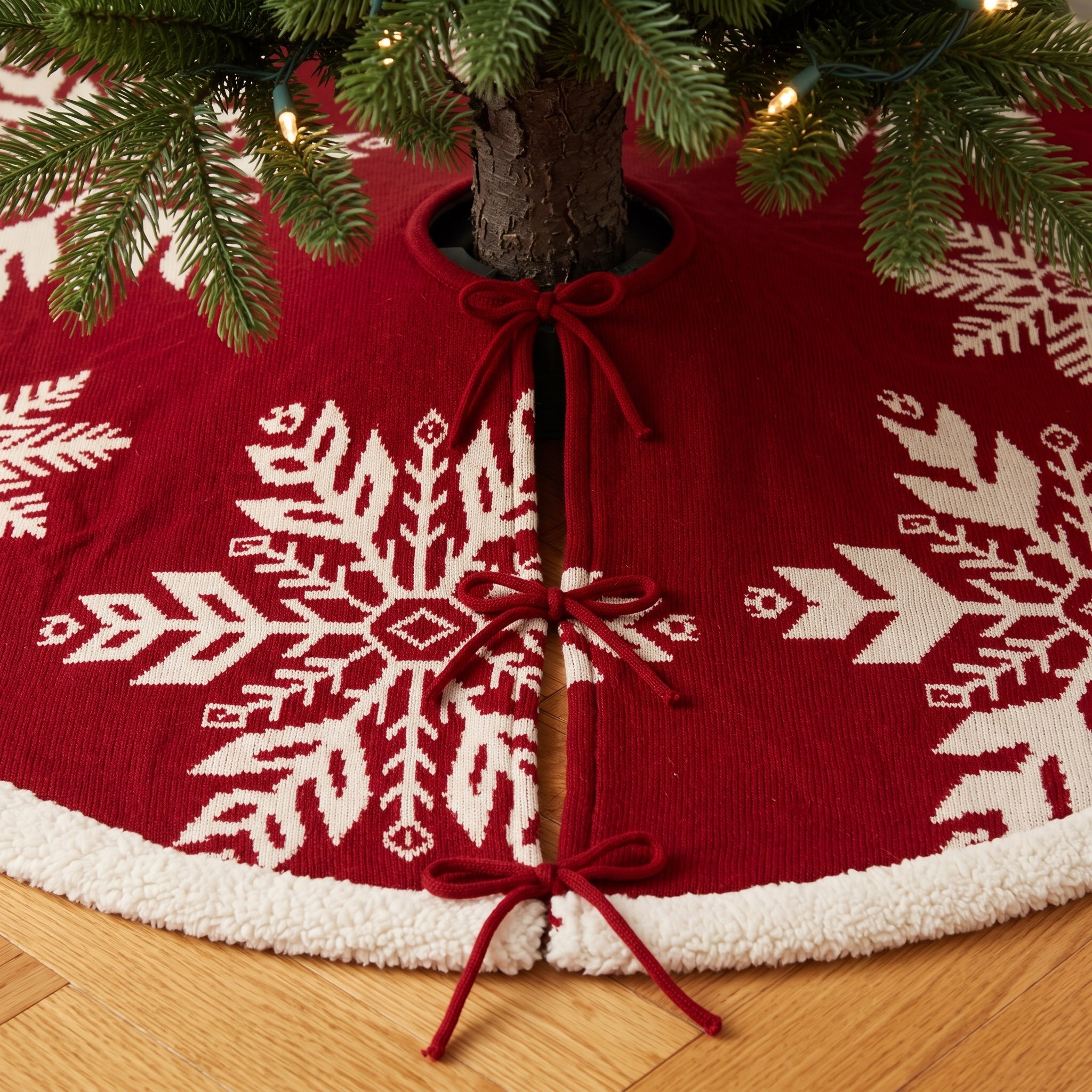 48 in Tree Skirt with Knitted Snowflakes, Red and Cream, photo 4 of 5