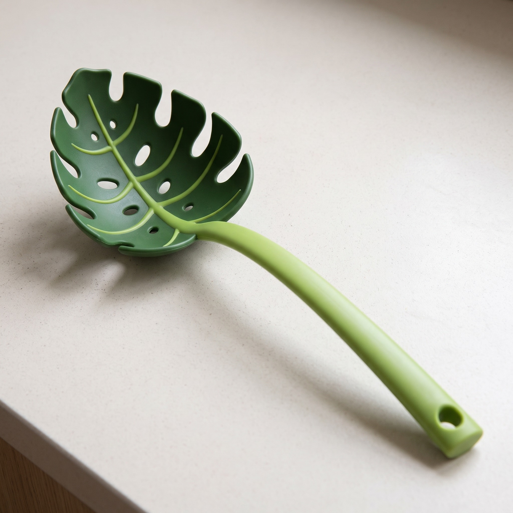 Slotted Serving Spoon with Monstera Leaf Shape, Green, photo 2 of 5