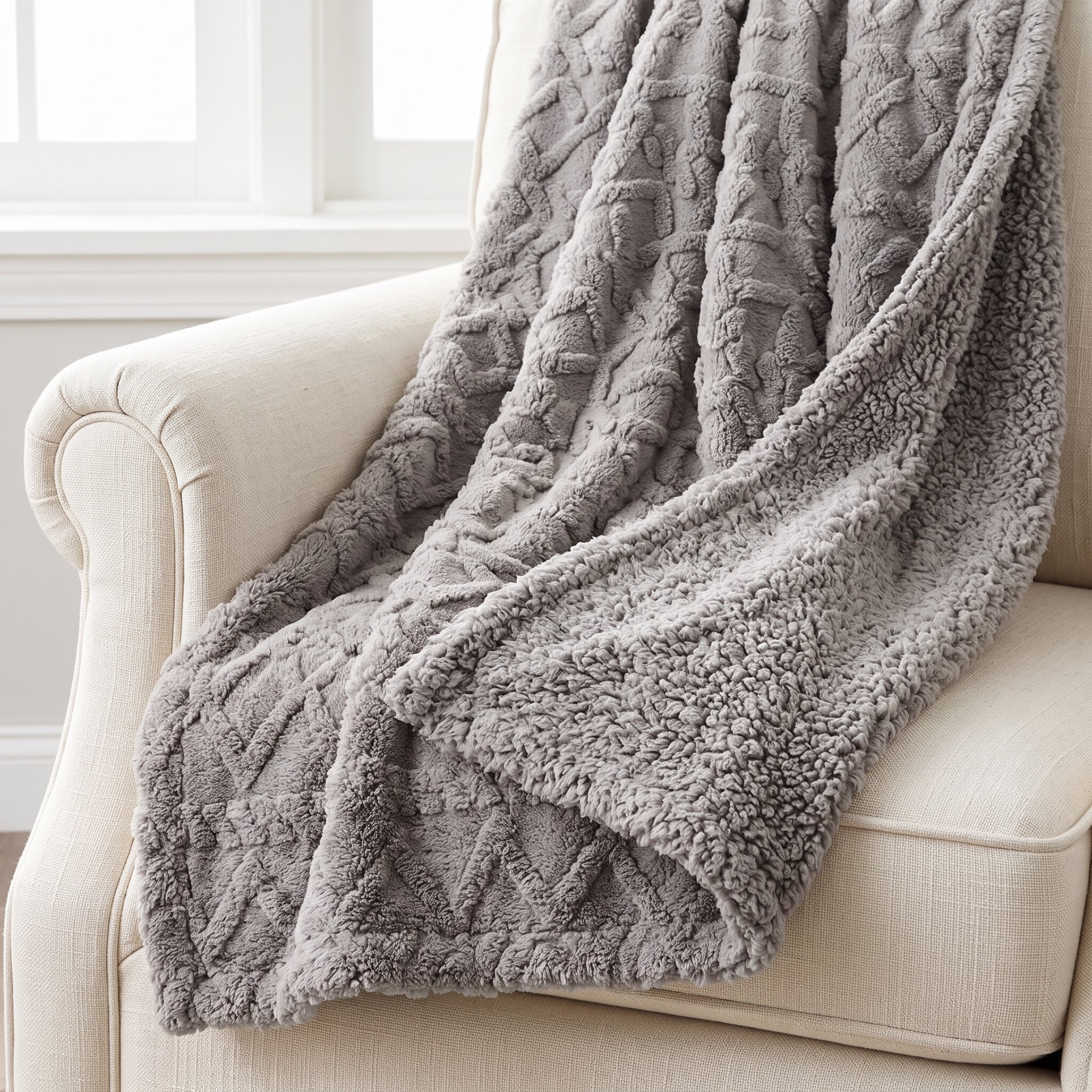 Throw Blanket with Tufted Cable Pattern and Sherpa Reverse, photo 4 of 6
