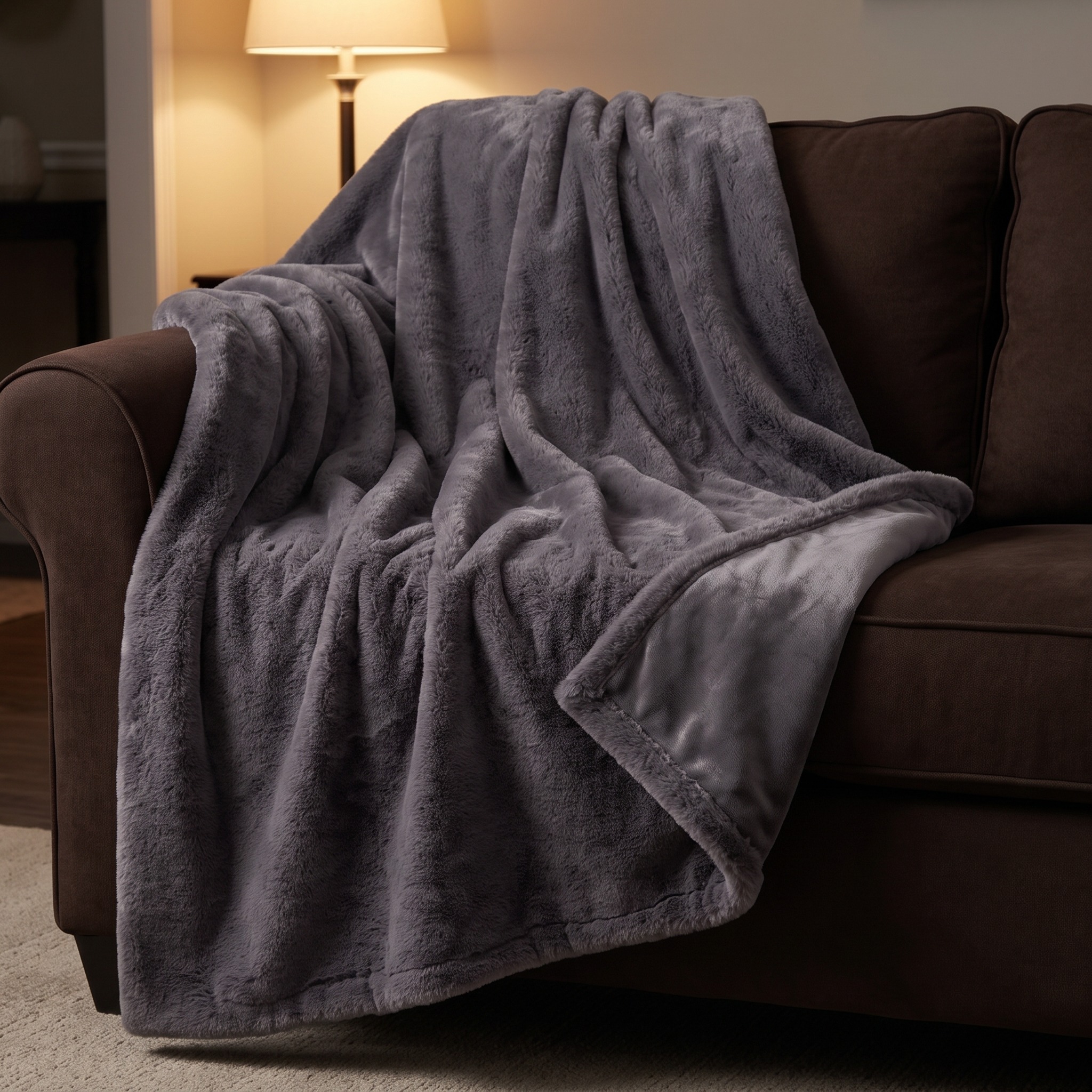 Faux Fur Throw Blanket with Smooth Reverse — Gray, photo 6 of 7