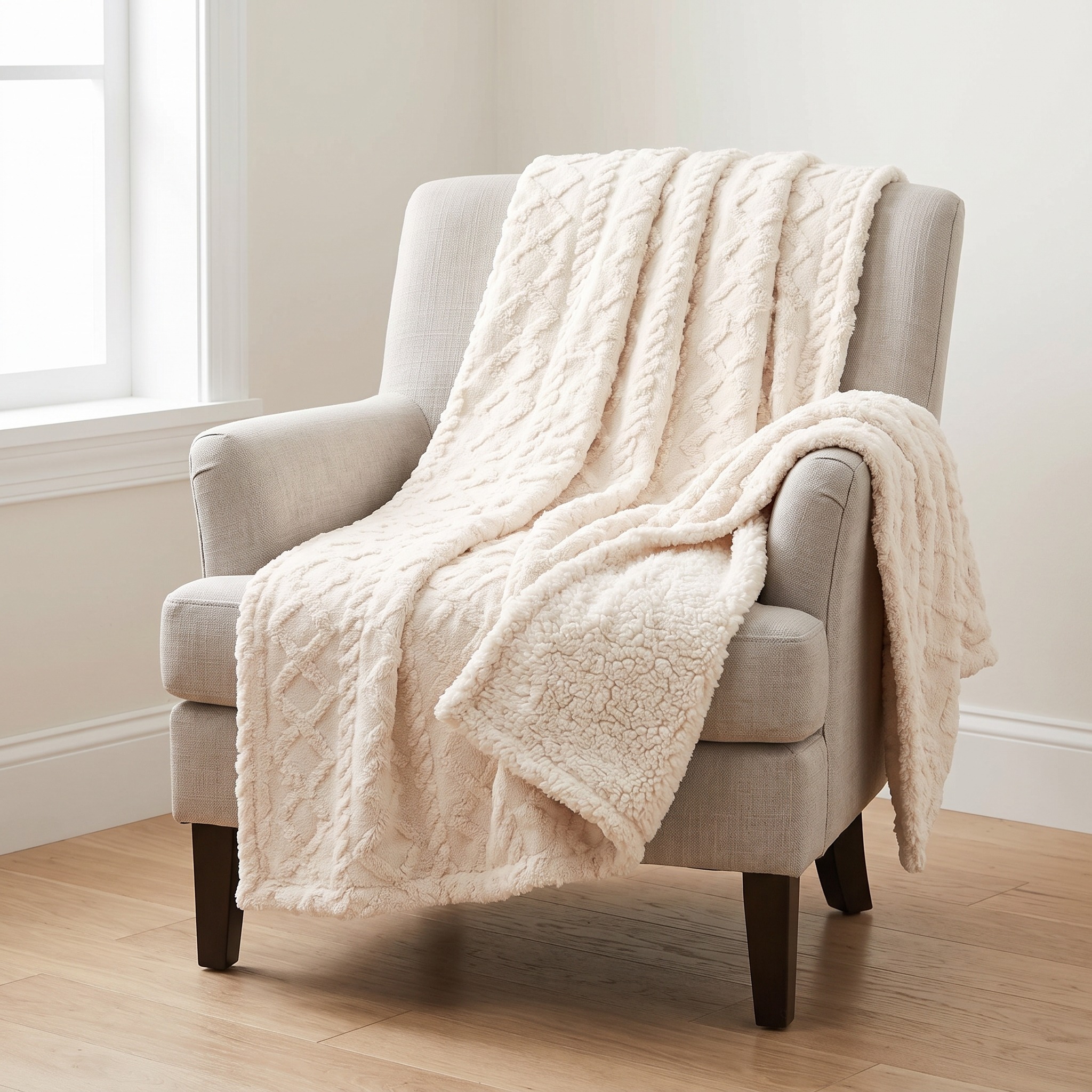 Throw Blanket with Tufted Cable Pattern and Sherpa Reverse, photo 5 of 6