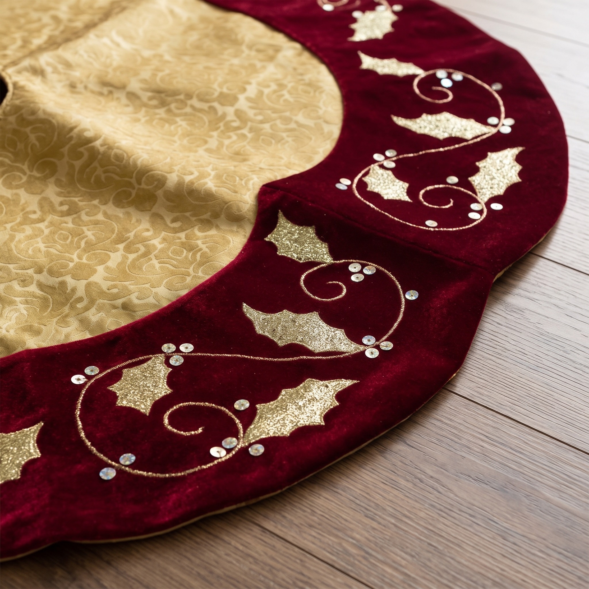 48 in Tree Skirt with Gold Holly Trim, Burgundy, photo 3 of 5