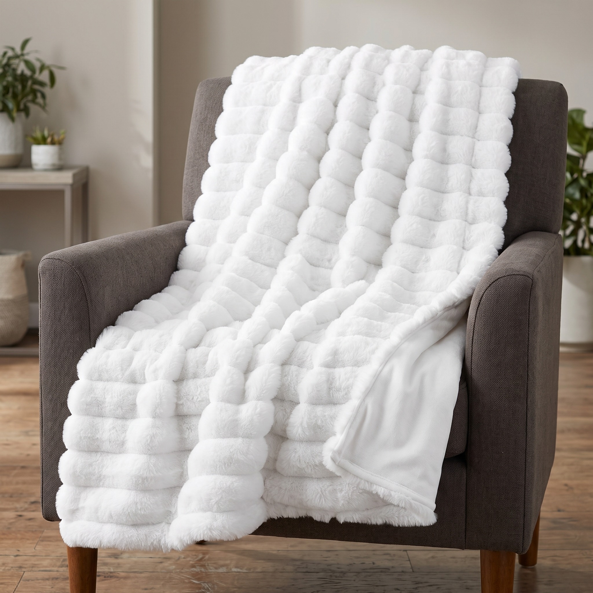 Faux Fur Throw Blanket with Raised Stripes, 50 x 60 in, White, photo 1 of 5