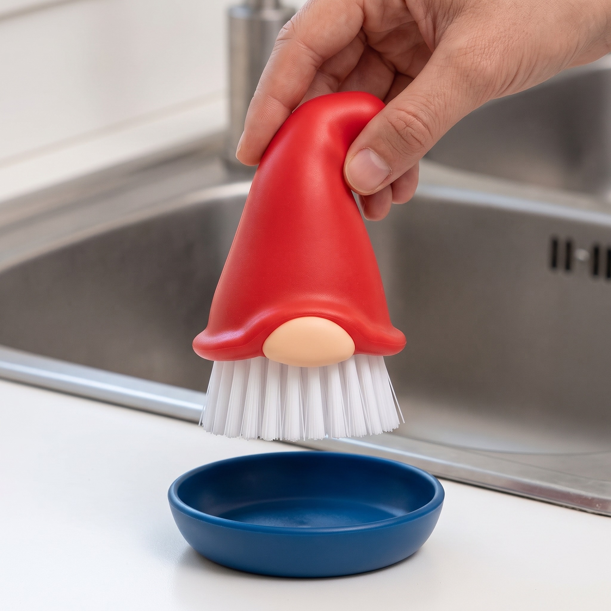 Gnome Dish Brush with Drip Tray, Red and Blue, photo 2 of 5