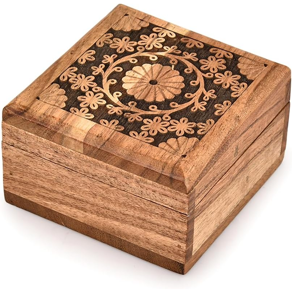 Keepsake Box with Floral Lid, 4 in, Brown Wood, photo 3 of 5