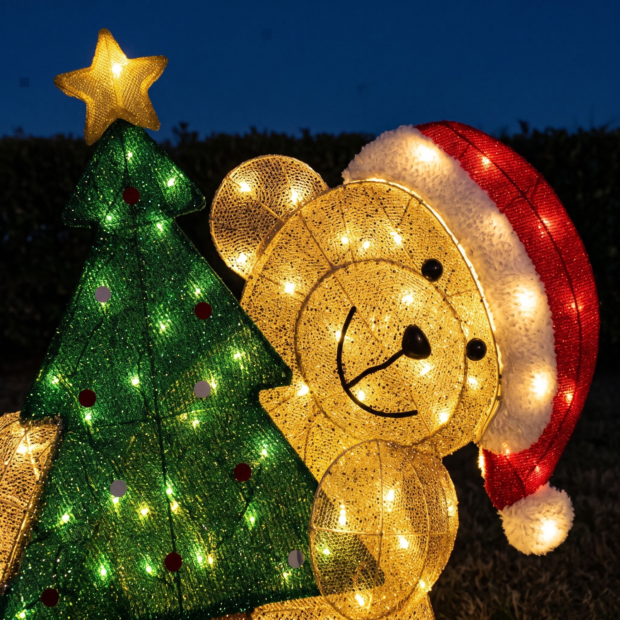 Lighted Christmas Bear with Tree, 34 in, Gold Mesh, photo 5 of 5