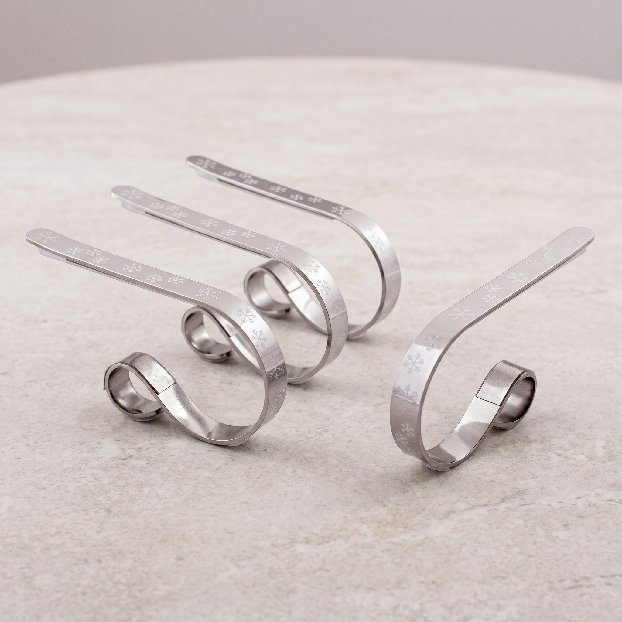 Mantel Stocking Holder Clips, Adjustable Metal — Silver with White Snowflakes, Set of 4, photo 12 of 25