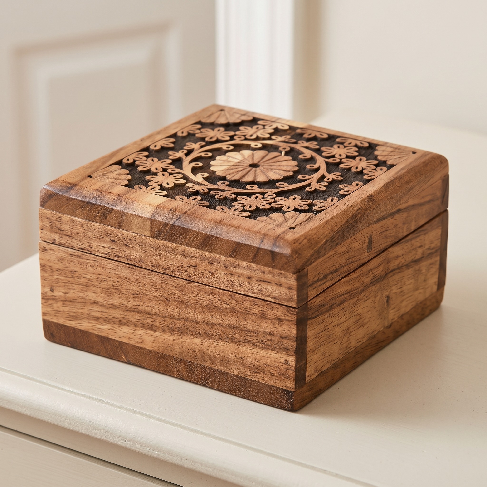 Keepsake Box with Floral Lid, 4 in, Brown Wood, photo 1 of 5