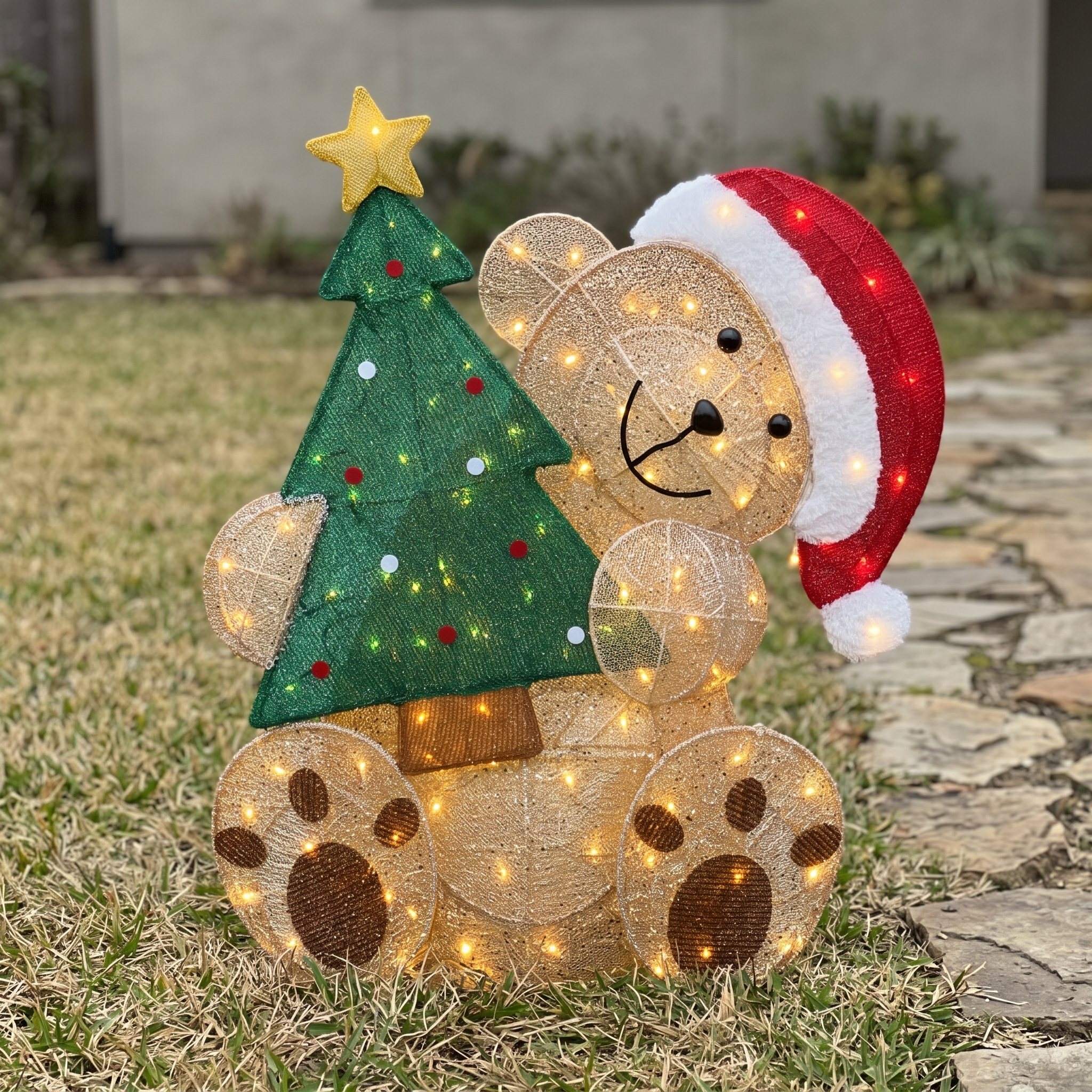 Lighted Christmas Bear with Tree, 34 in, Gold Mesh, photo 4 of 5