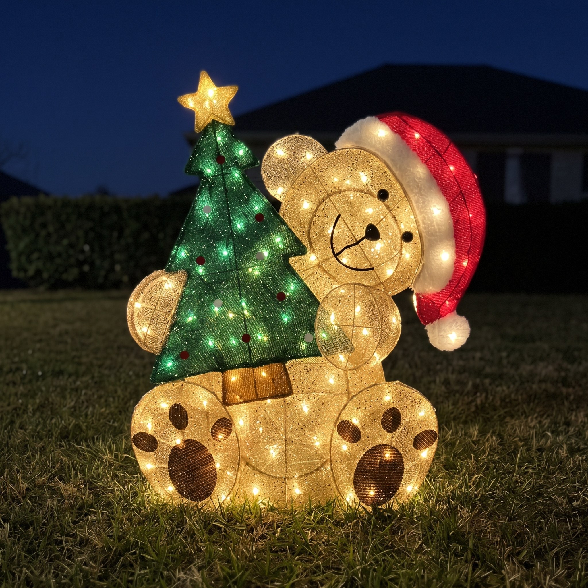 Lighted Christmas Bear with Tree, 34 in, Gold Mesh, photo 1 of 5
