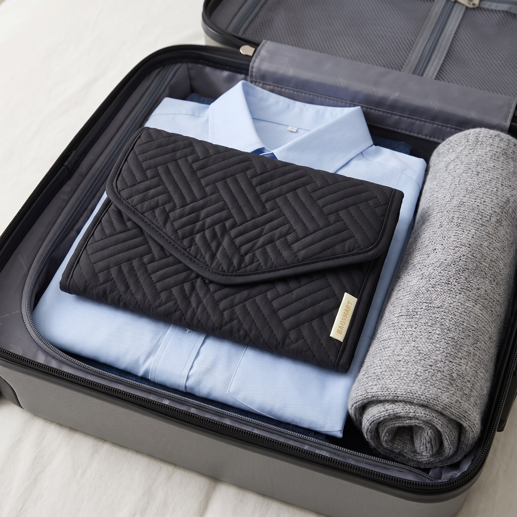 Travel Jewelry Roll with Necklace Straps, Quilted Fabric, Black, photo 4 of 5