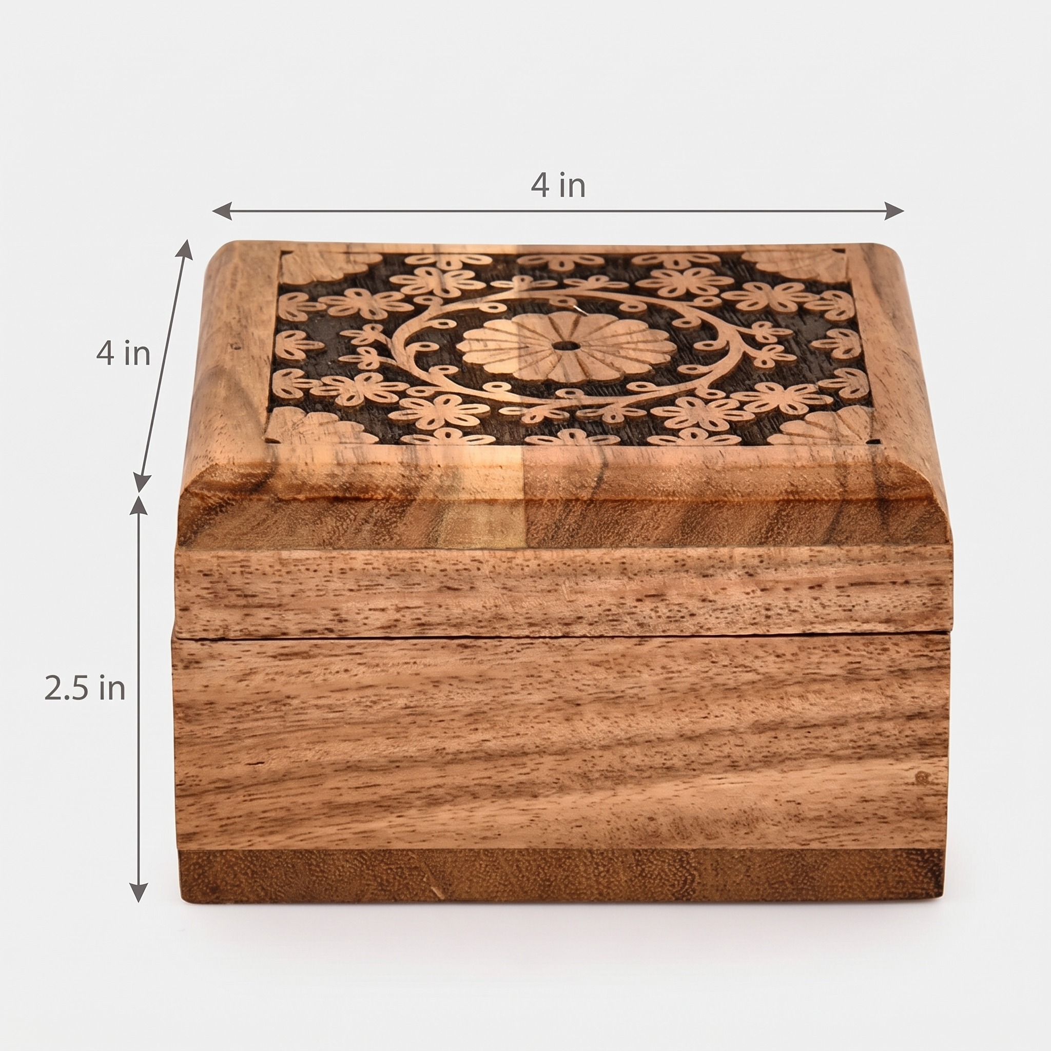 Keepsake Box with Floral Lid, 4 in, Brown Wood, photo 2 of 5
