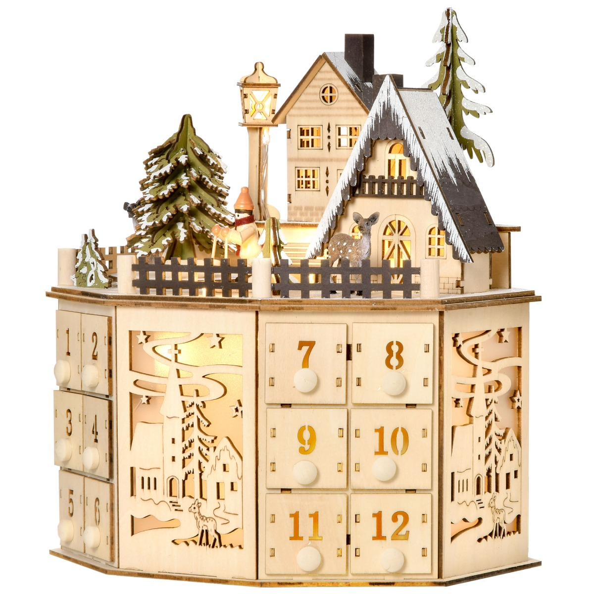 24-Drawer Wooden Advent Calendar with LED Village, Natural, photo 4 of 5