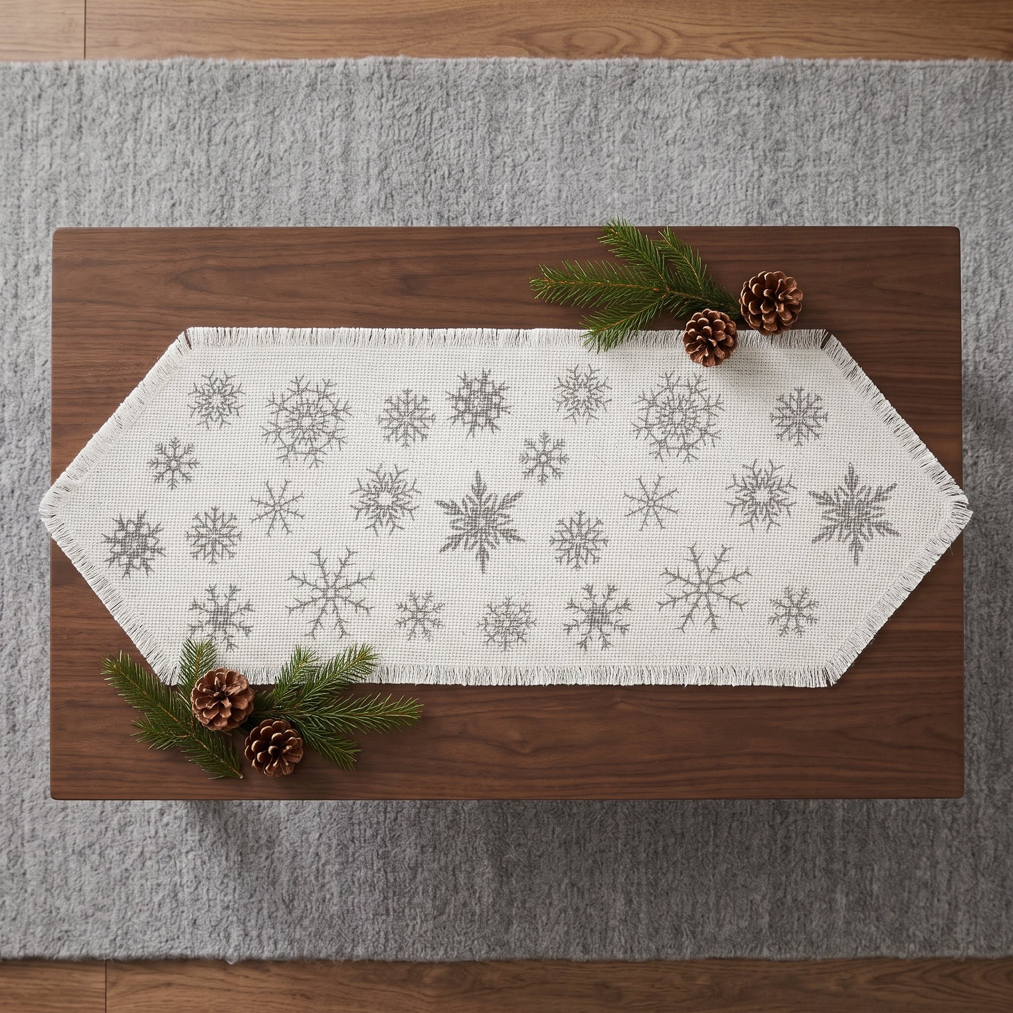 Snowflake Table Runner with Fringed Cotton Burlap, photo 1 of 8